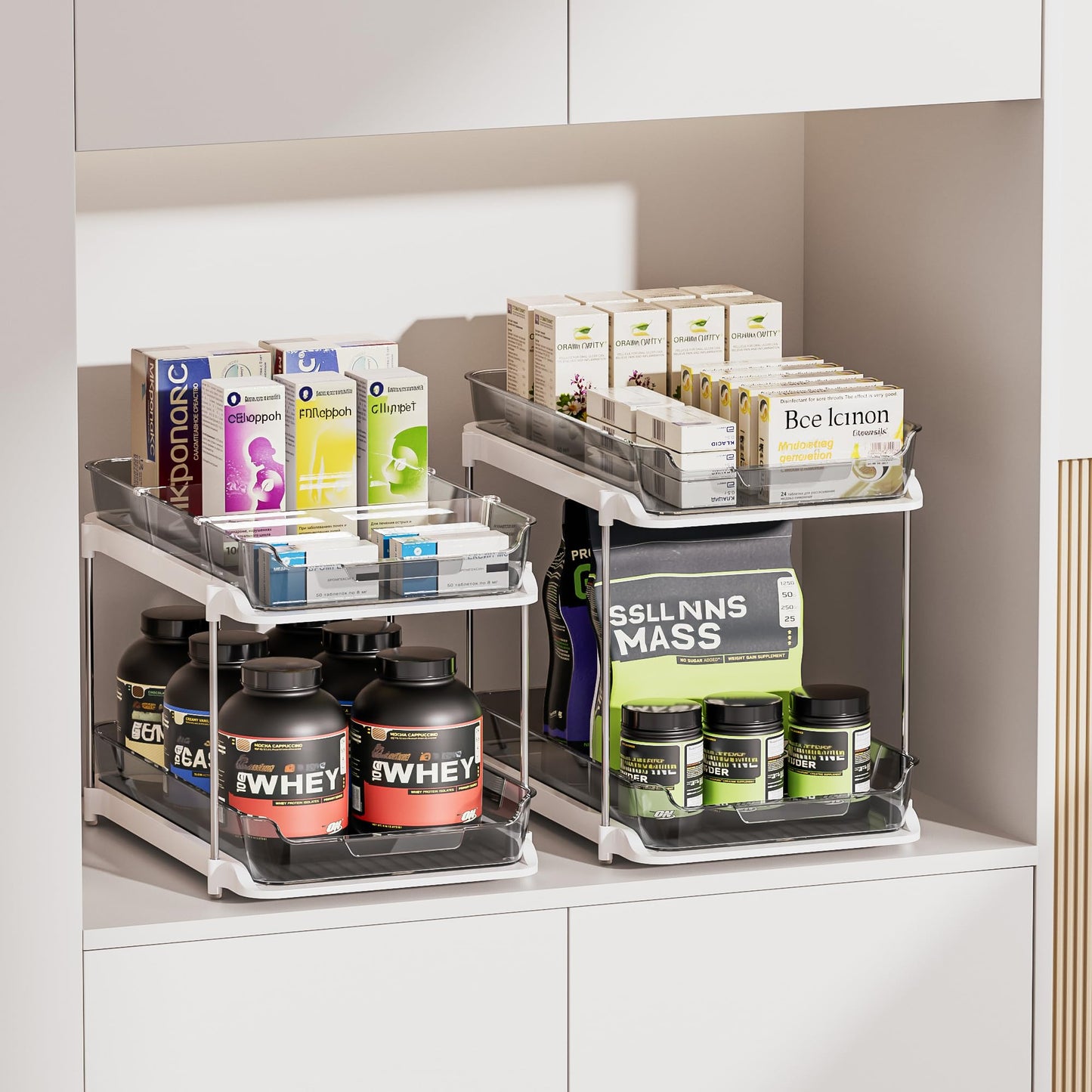 Delamu 2-Tier Multi-Purpose Bathroom Under Sink Organizers and Storage, Stackable Kitchen Pantry Organization, Pull Out Medicine Cabinet Organizer with Movable Dividers, Grey, 2 Pack