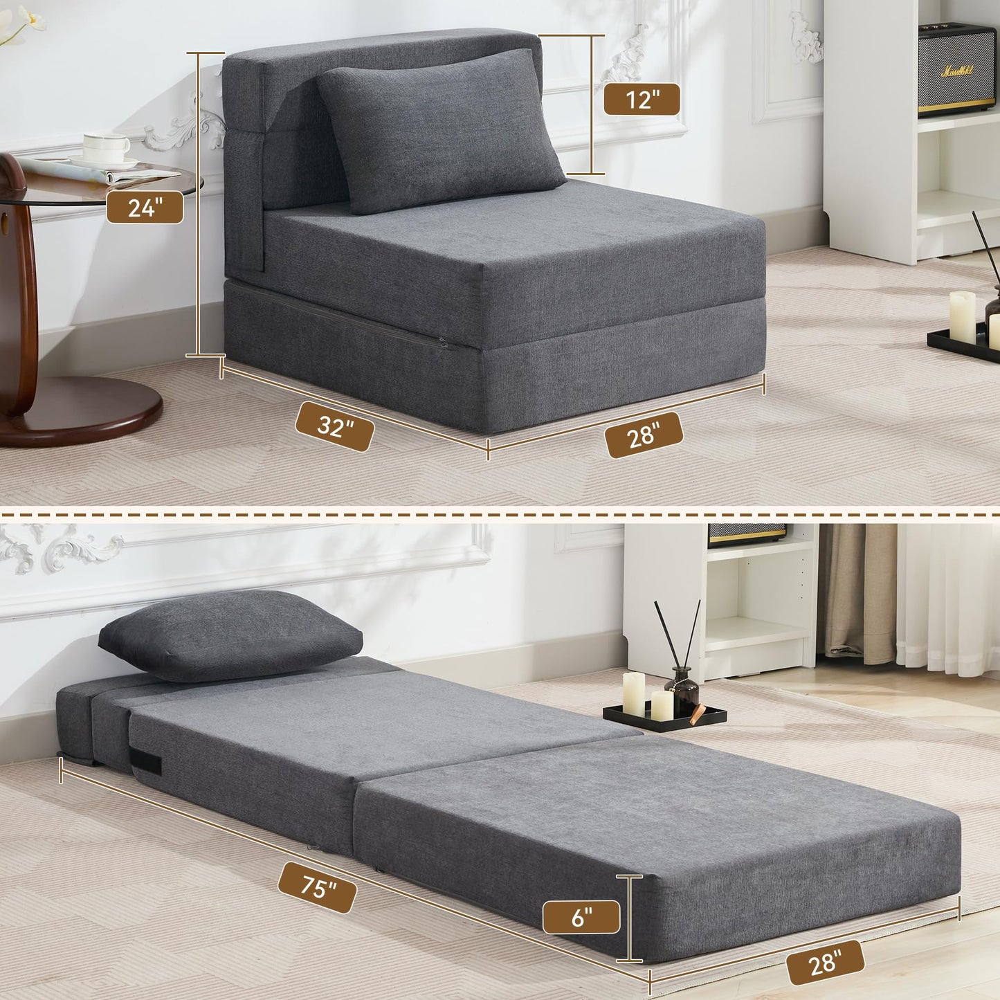 WUTUTUEE Folding Sofa Bed Convertible Floor Couch Foldable Chair Bed with Pillow，Linen Sleeper Chair Futon,Foldable Memory Foam Mattress for Bedroom/Living Room/Dorm/Office (Dark Grey, Single)