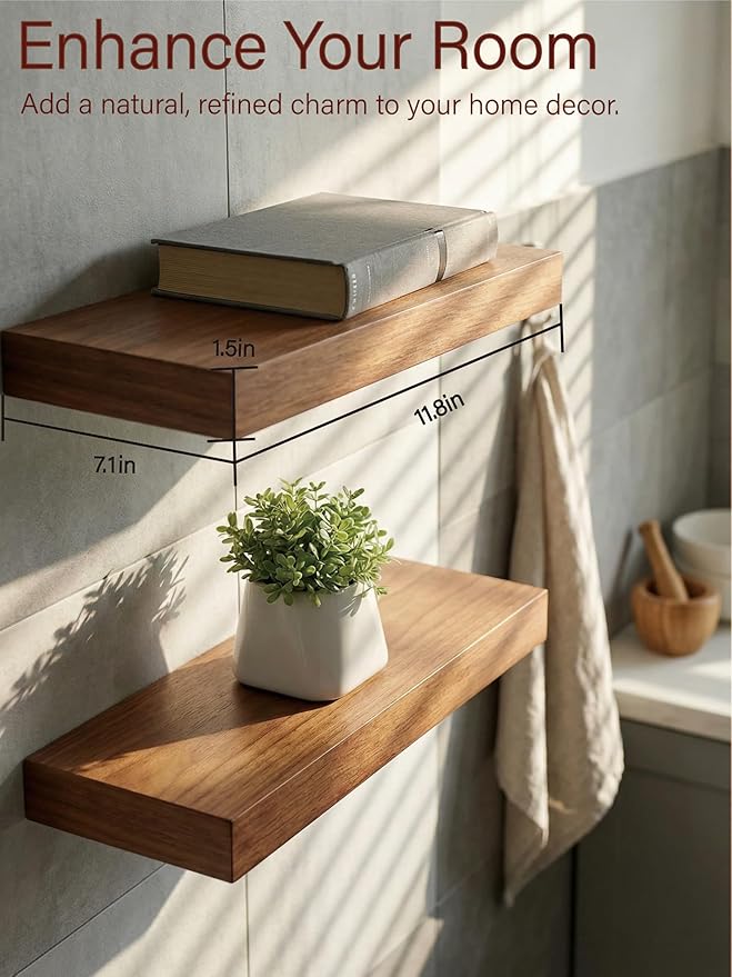 Solid Wood Floating Shelves, 11.8in Finished Real Wood Wall Shelves