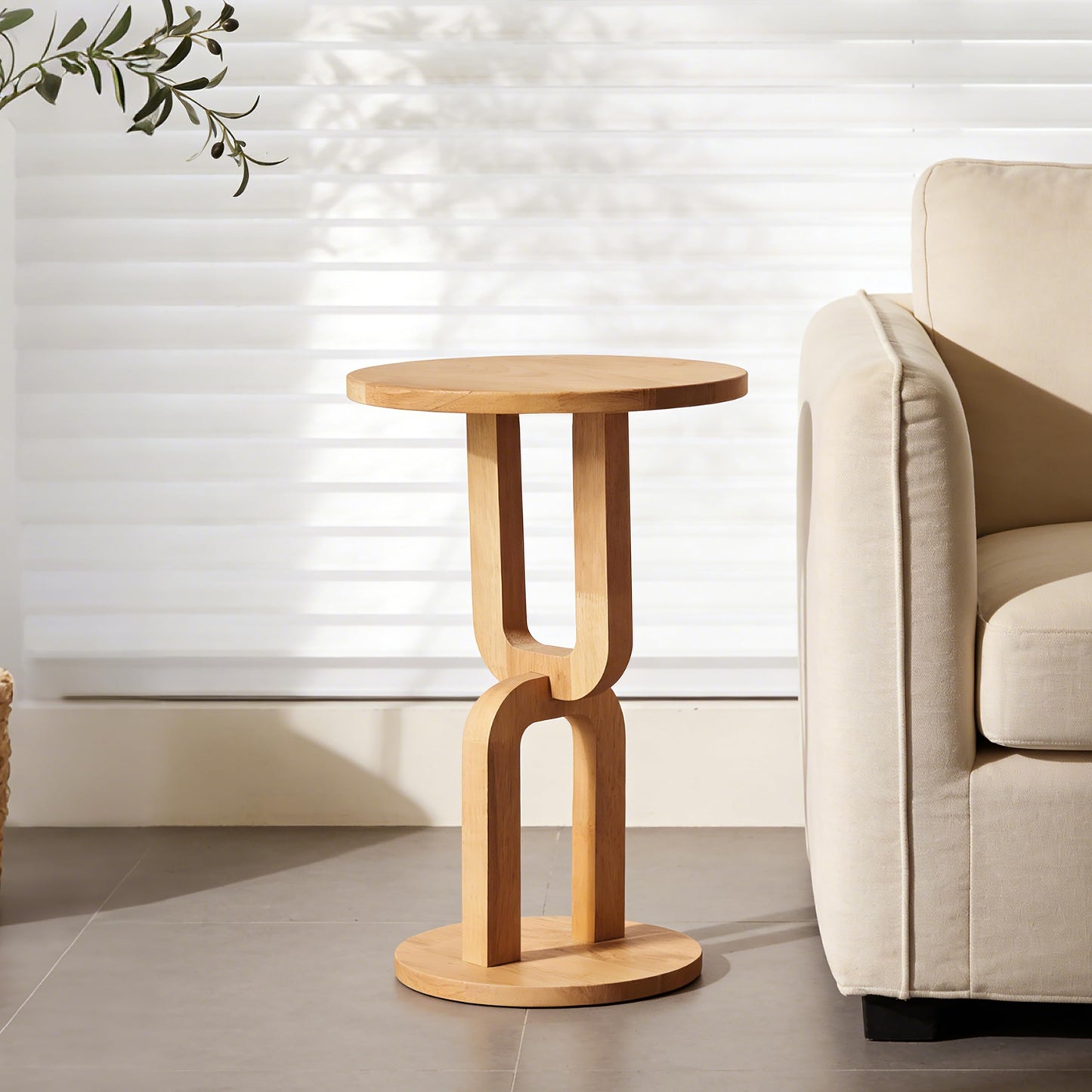 COVLON Solid Wood Small Round Side Table, Modern Accent End Table, Bedside Nightstand with U-Shaped Base for Living Room, Bedroom, Apartment and Small Spaces