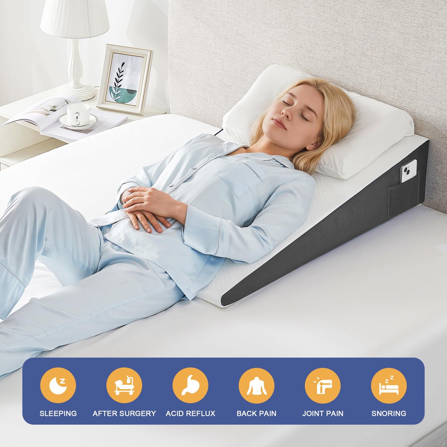 Yojoker Extra-Long Wedge Pillow, 34" Bed Incline Cushion for Sleeping, Back & Arm Support, After Surgery, Acid Reflux, Snoring Relief, Foam Triangle Pillow, Removable Washable Cover, 5" White Gray