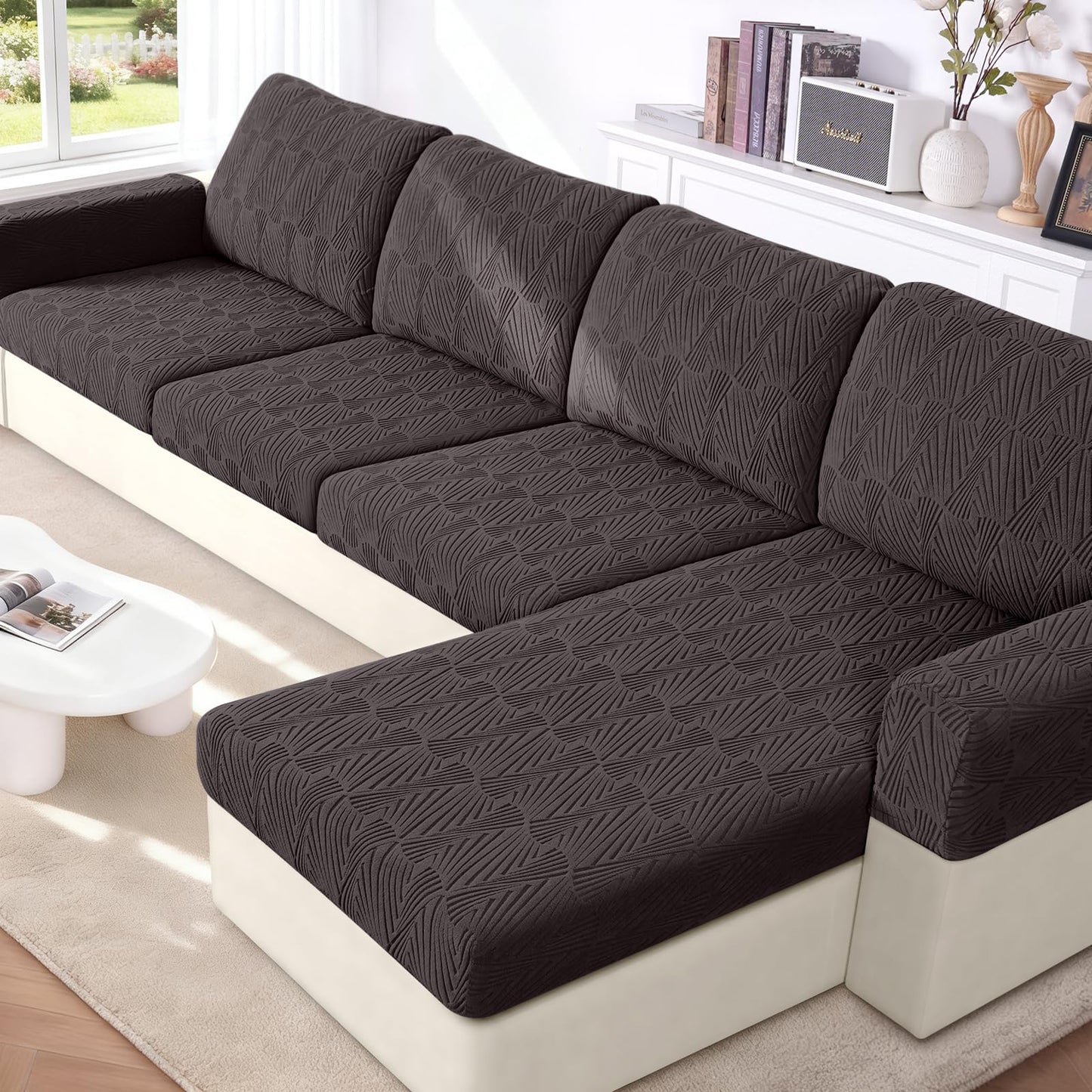 VANSOFY Couch Cushion Covers for Sectional Sofa, Stretch Jacquard Couch Seat Cushion Covers, Individual Washable Furniture Protector Sofa Slipcovers for Pet (3Pc Seater or Back Cover, Chocolate)