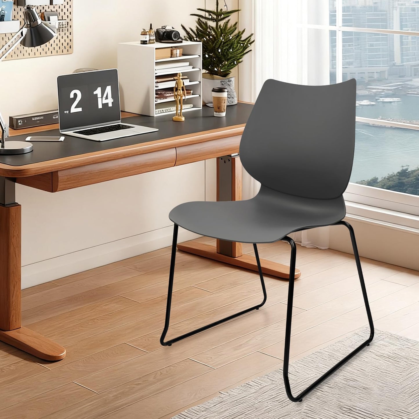 KLASIKA Stacking Waiting Room Chairs, Stacked Plastic Office Chair with Ergonomic Lumbar Support and Metal Legs for Conference School Church Guest Reception Set of 4, Grey