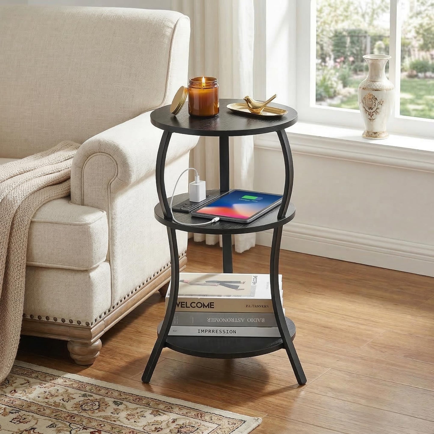 Small Round Side Table with Charging Station, 3-Tier Waist Circular End Table with Storage Shelf, Compact Tea Sofa Side Table Small Spaces, Round Corner Coffee Table for Living Room Bedroon,Black