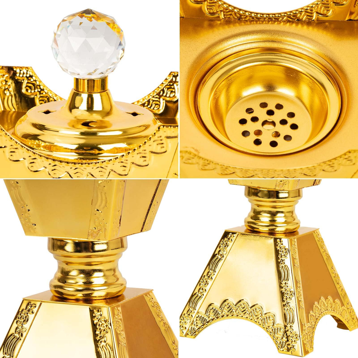 Large Gold Incense Burner Holder, Bakhoor Frankincense Charcoal Censer Resin Stand, Ideal for Aromatherapy Yoga Spa, Home Christian Church Decor 9.43" (Gold Burner)