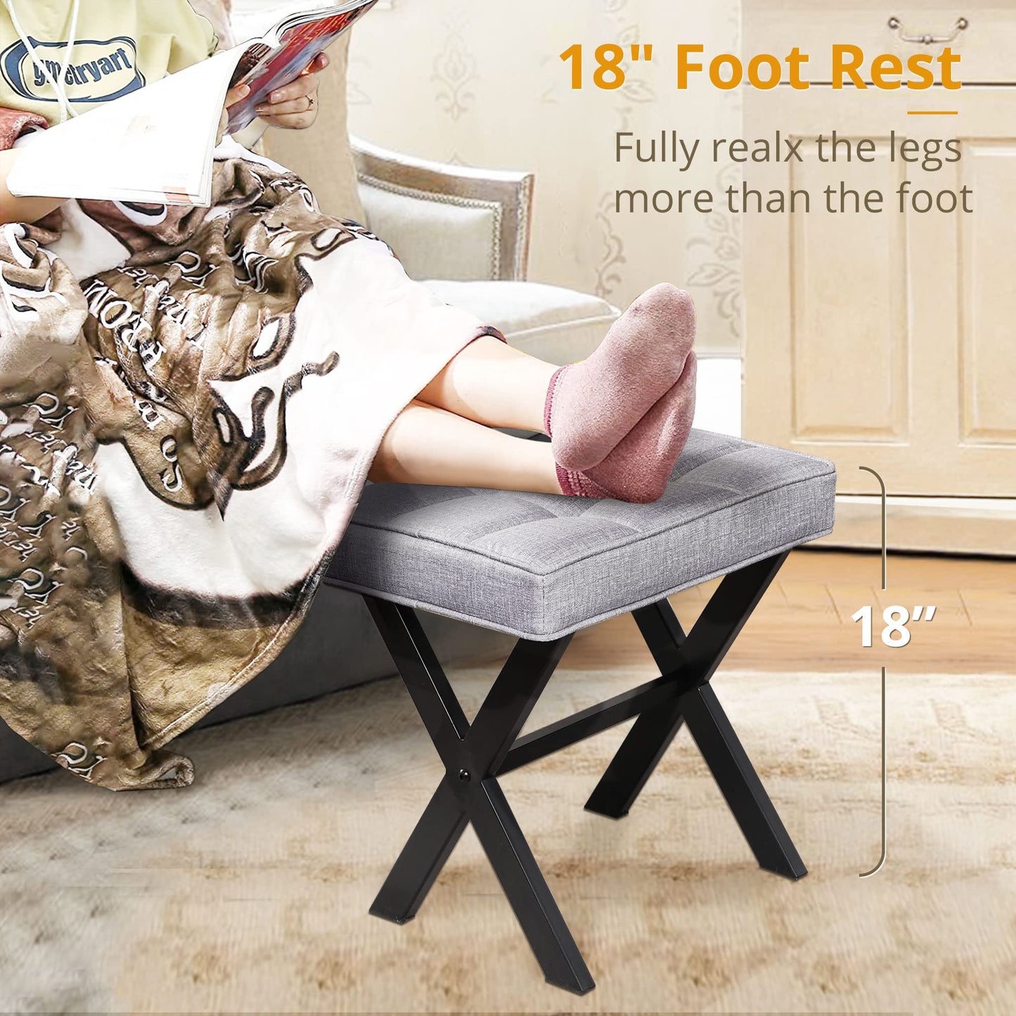 LUE BONA Vanity Stool - Square Linen Makeup Seat With Metal X Legs, Small Ottoman Chair for Makeup Room, Living Room, Bathroom - Modern Padded Foot Rest, Dark Gray