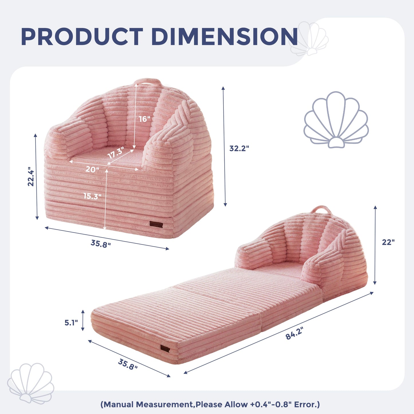 MAXYOYO Folding Sofa Bed, 2 in 1 Convertible Sofa to Lounger Comfy Faux Fur Bean Bag Chair for Adults, Floor Single Couch Chair with Handle, Couch Bed for Living Room Bedroom, Pink