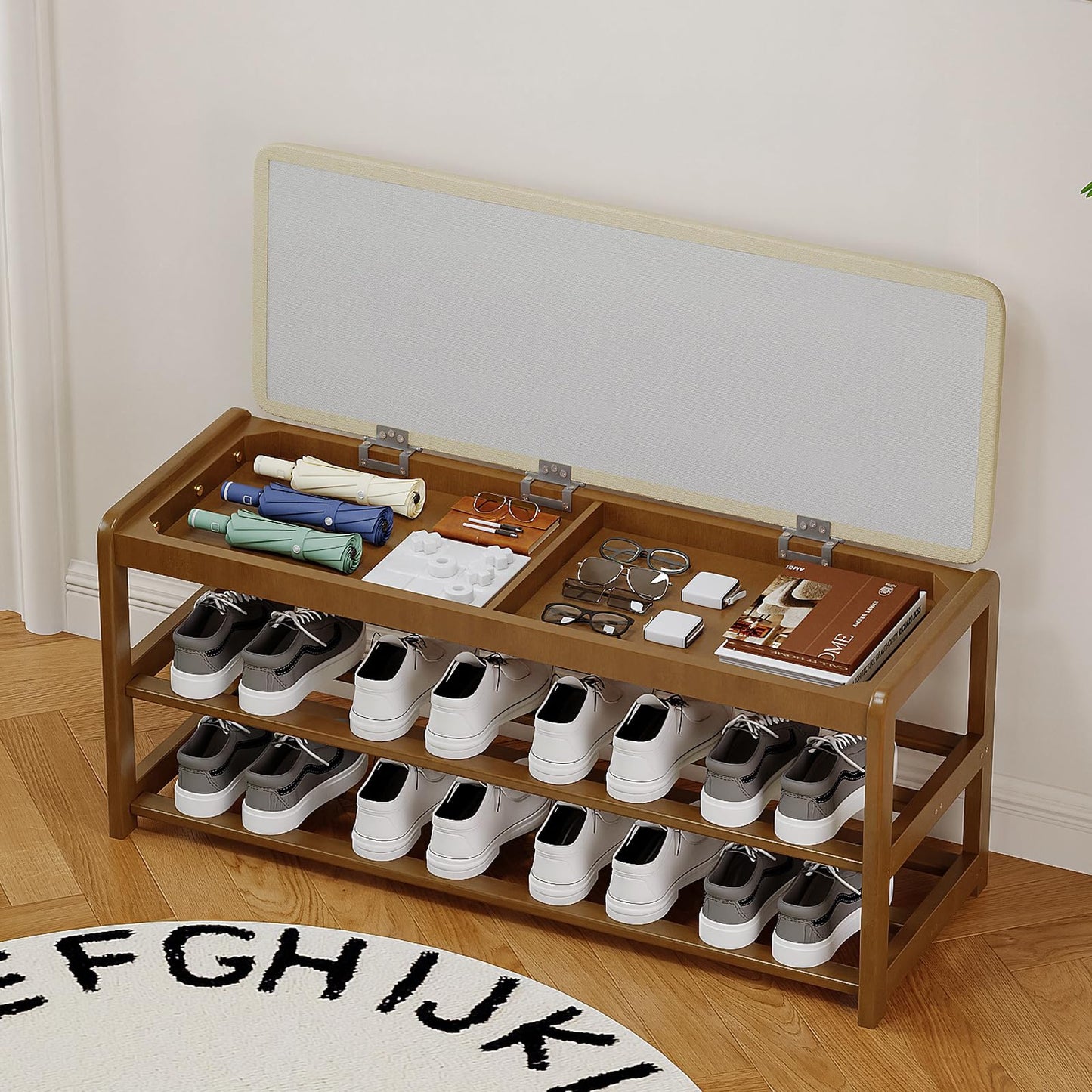 Welfuturer 2-Tier Bamboo Shoe Bench with Cushion and Hidden Drawer, Entryway Shoe Rack Organizer with Storage for Hallway, Bedroom, Front Door, Mudroom Seating Bench, Walnut