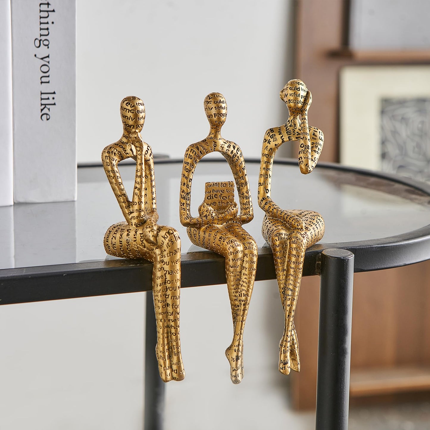 FJS Thinker Sculpture Statue Gold Home Decor, Modern Abstract Art Figurines for Bookshelf Desk Office, Decorations for Living Room Accent, Gift for Book Lovers (Gold)