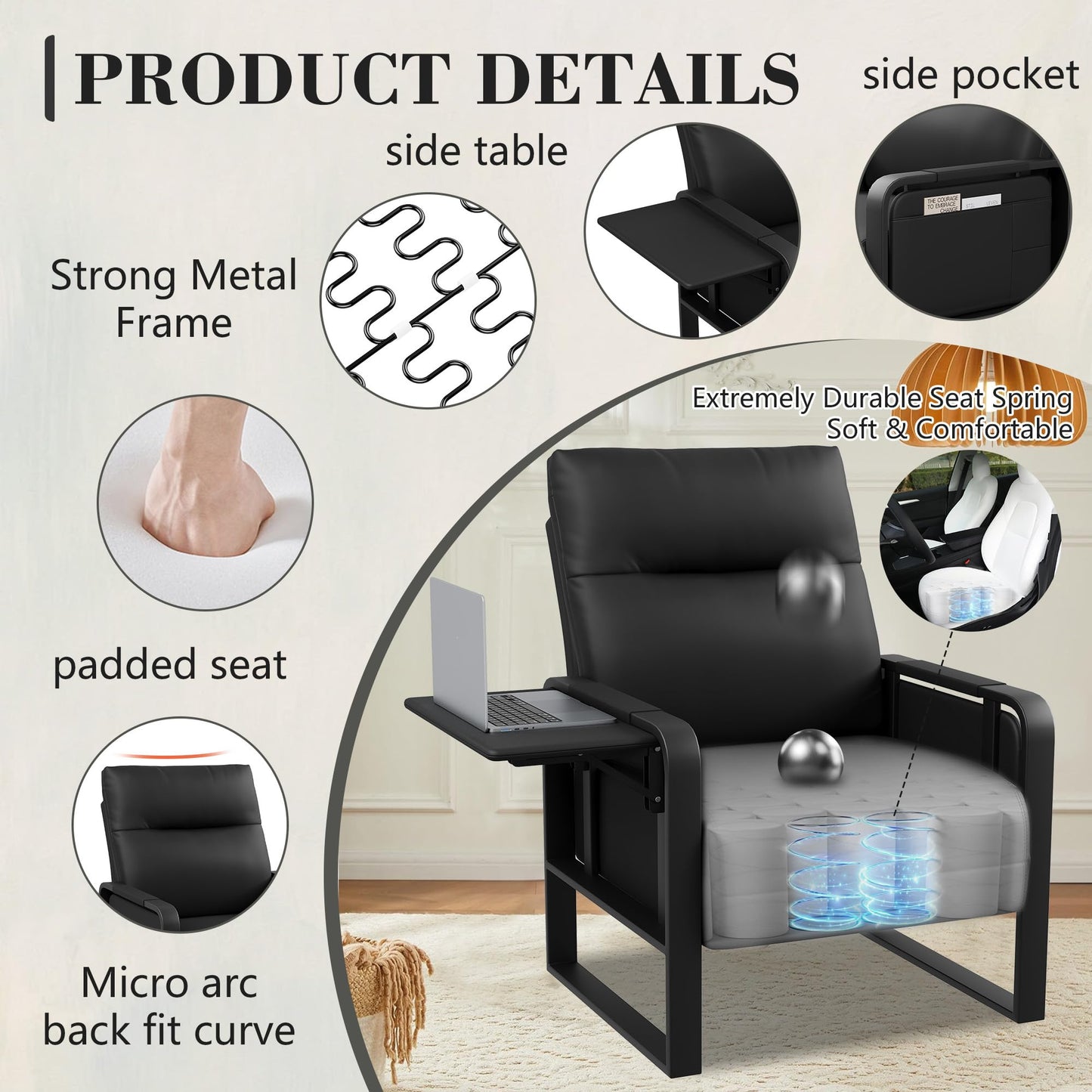 Alunaune Upholstered Living Room Chair Armchair, Mid Century Faux Leather Metal Accent Chair, Reception Couch Slipper Club Lounge Chair Guest Comfy Single Sofa with Sidetable for Bedroom-Black