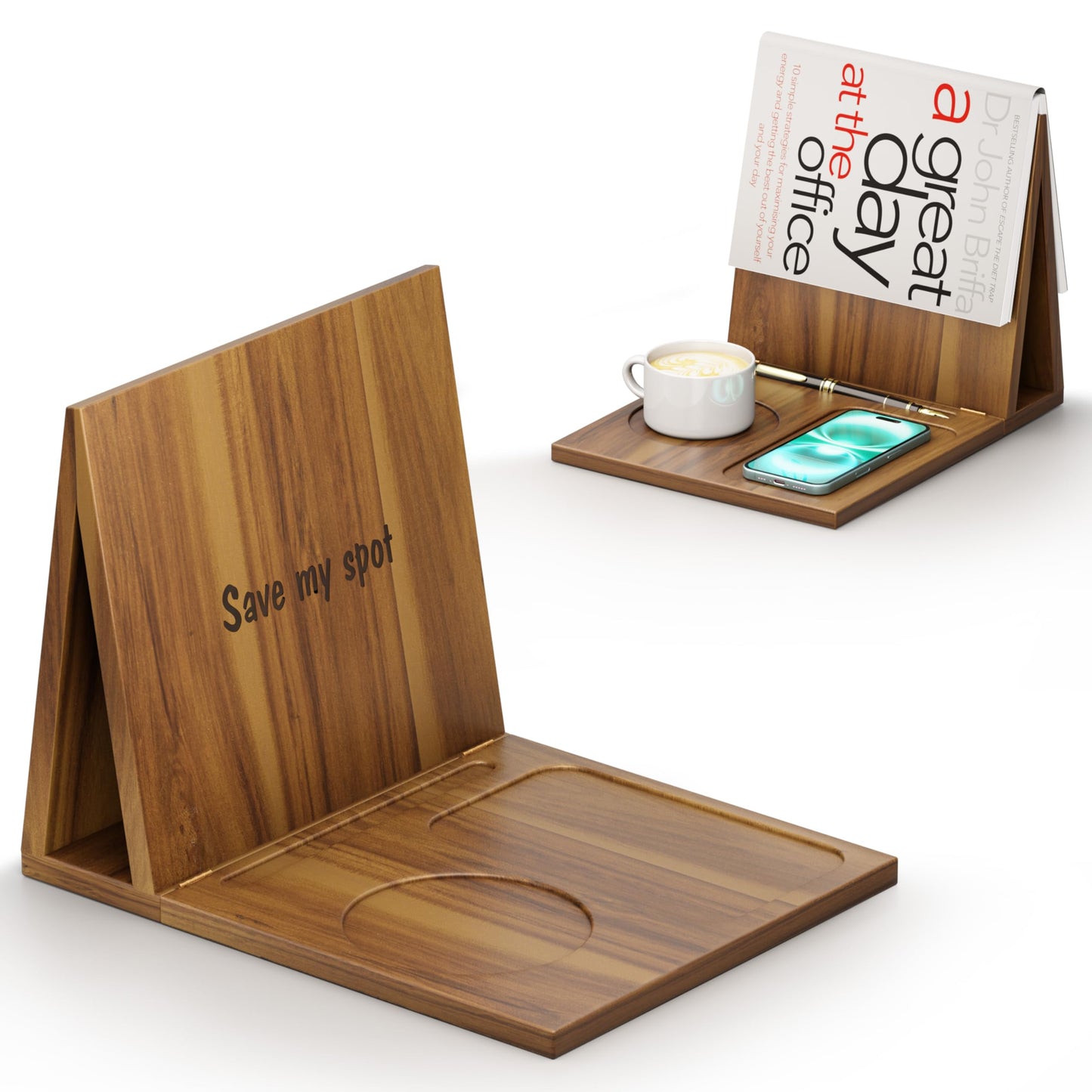 NAGAWOOD Triangle Book Holder, Wooden Book Stand for Reading Rest, Acacia Foldable Book Nook Reading Valet, Triangle Book Stand with Cup, Pen, Glasses and Phone Holder for Bedroom, Nightstand
