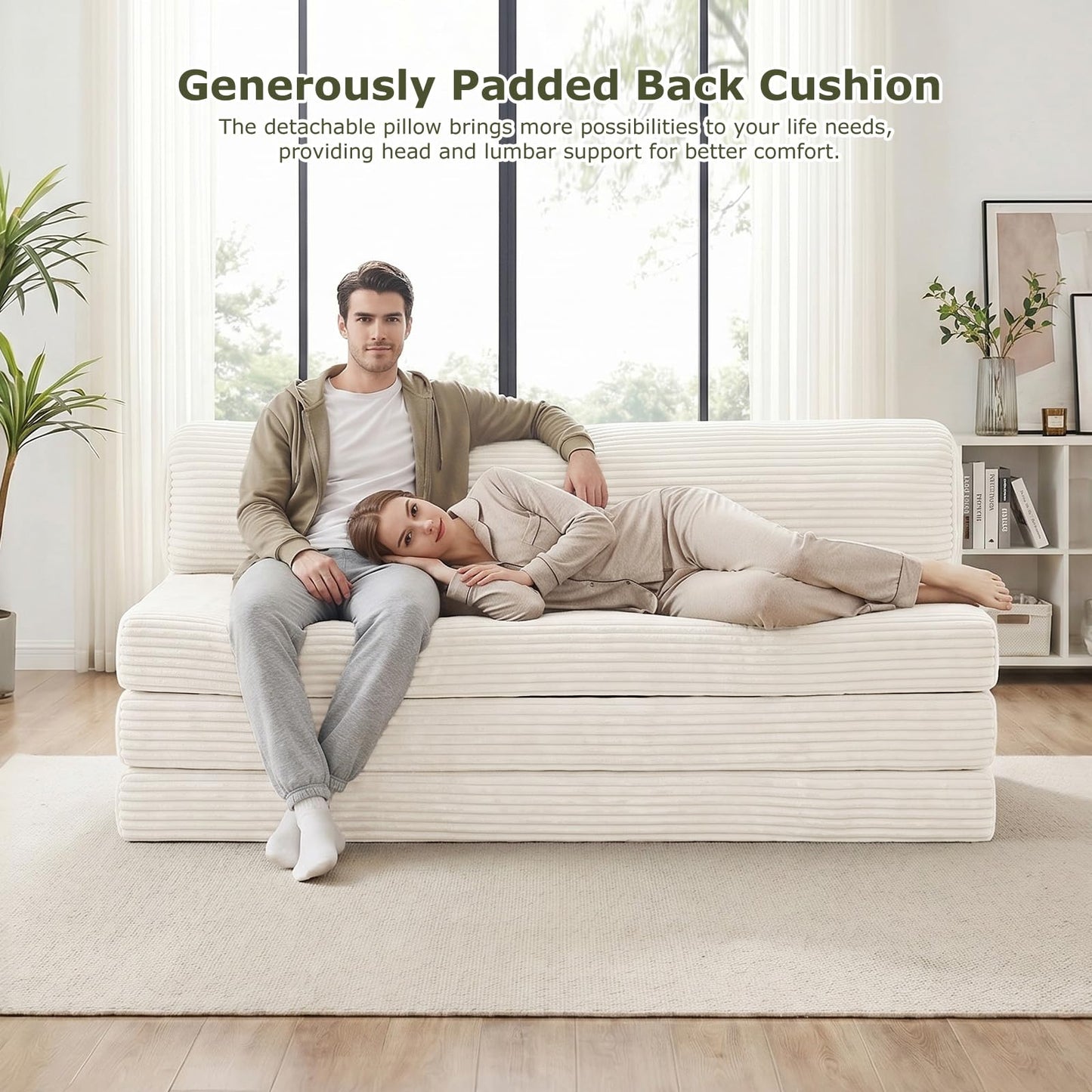 NLDD Convertible Sofa Bed, Boneless Loveseat with Removable Cushions & Washable Corduroy Cover, Futon Sofa Bed with Handle, Pull Out Couch for Small Spaces, Full Size, Beige
