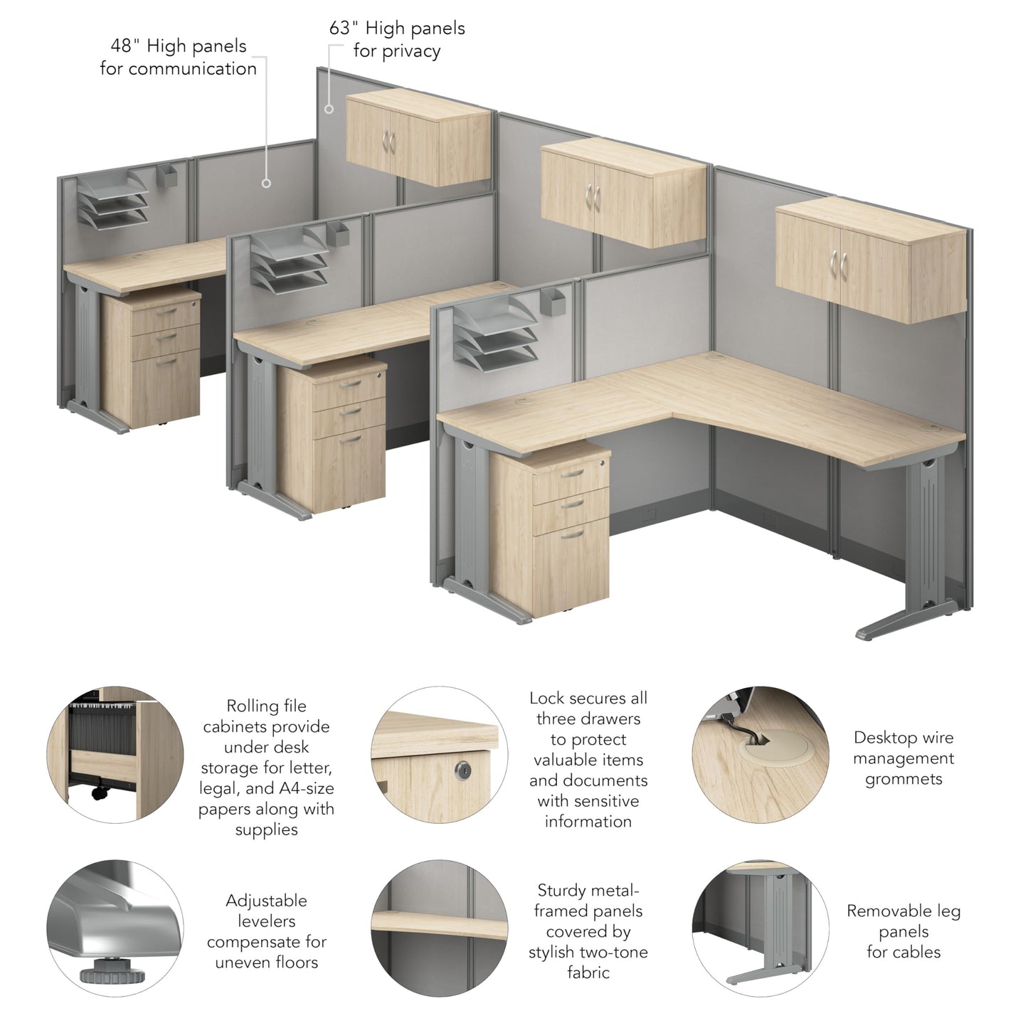 Bush Business Furniture Office in an Hour 3 Person L Shaped Cubicle Desks with Storage, Drawers, and Organizers in Mocha Cherry | Triple Workstation Set with Privacy Panels for Commercial Workspace