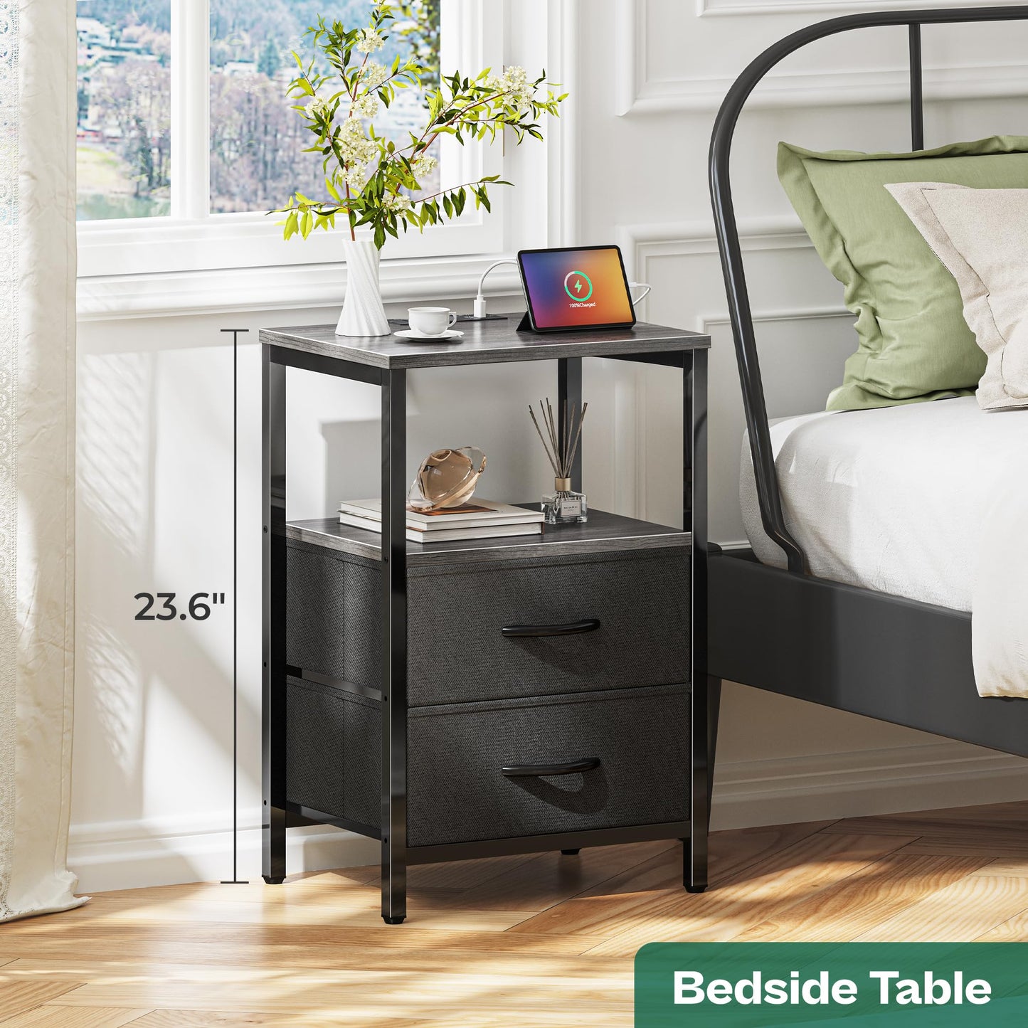 Huuger Nightstand with Charging Station, Side Table with 2 Fabric Drawers, End Table with Open Shelf, Bedside Table with USB-C Port and Outlets, Night Stand for Bedroom, Black
