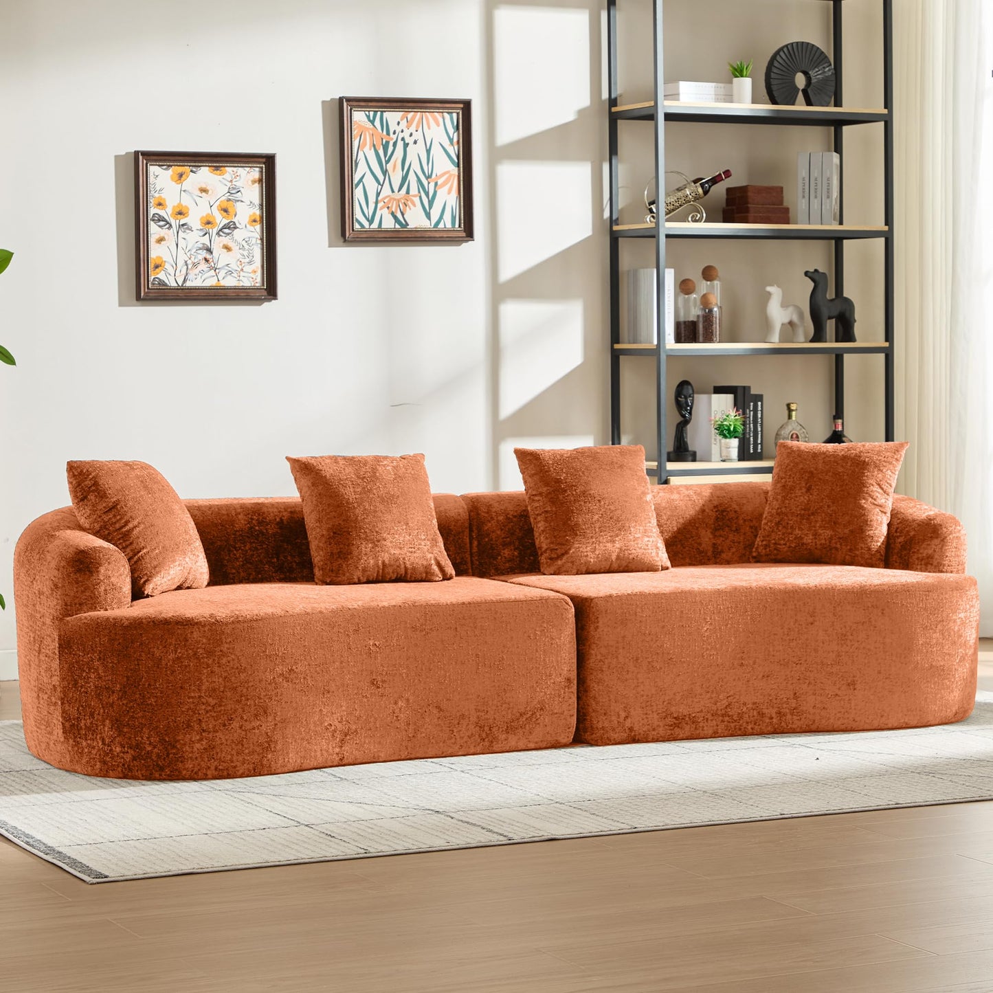 Sectional Sofa, Curved Cloud Sofa Couch, Chenille Full Sponge Chaise for Living Room, Apartment (Orange, 110 Inch)