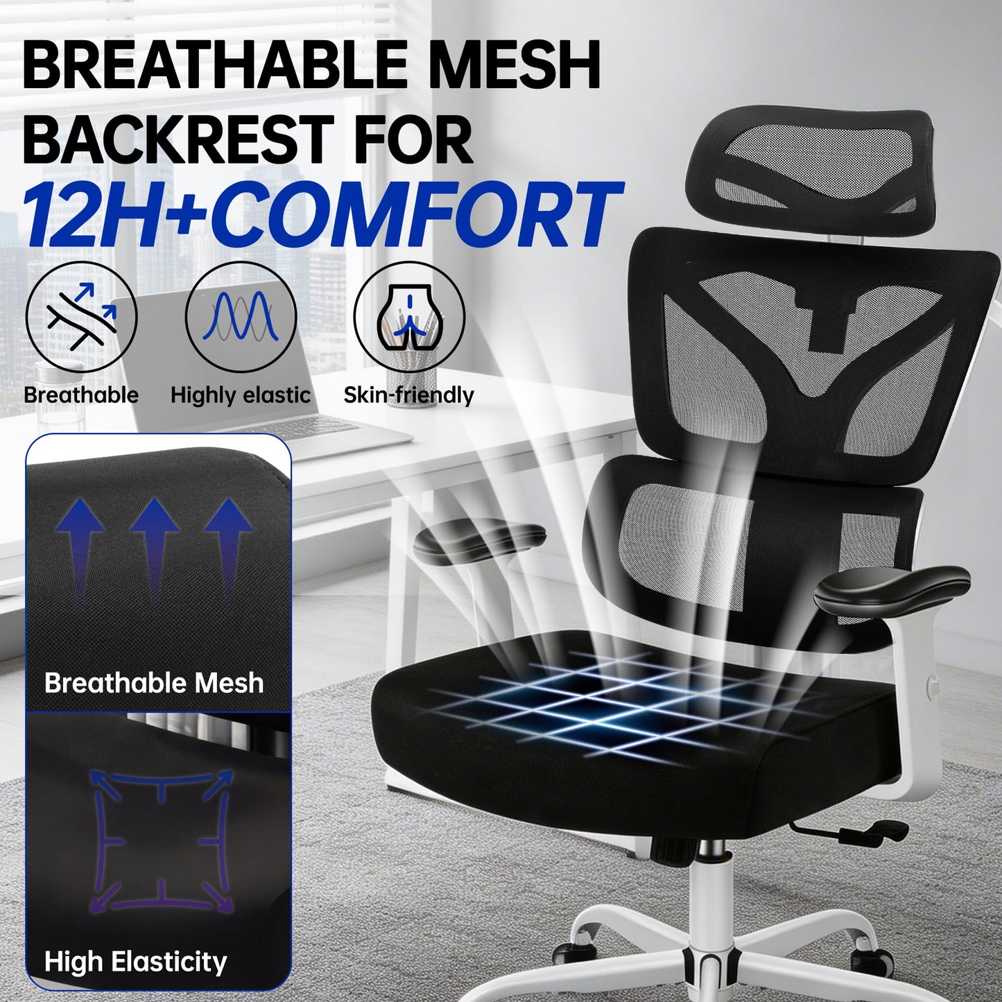 Hayelf Ergonomic Office Chair, High Back Mesh Computer Chair with Comfortable Adaptive Lumbar Support, Built-in Coat Hanger, SGS Class 4 Gas Lift, Heavy Duty 300lbs for Long Hours Home Office