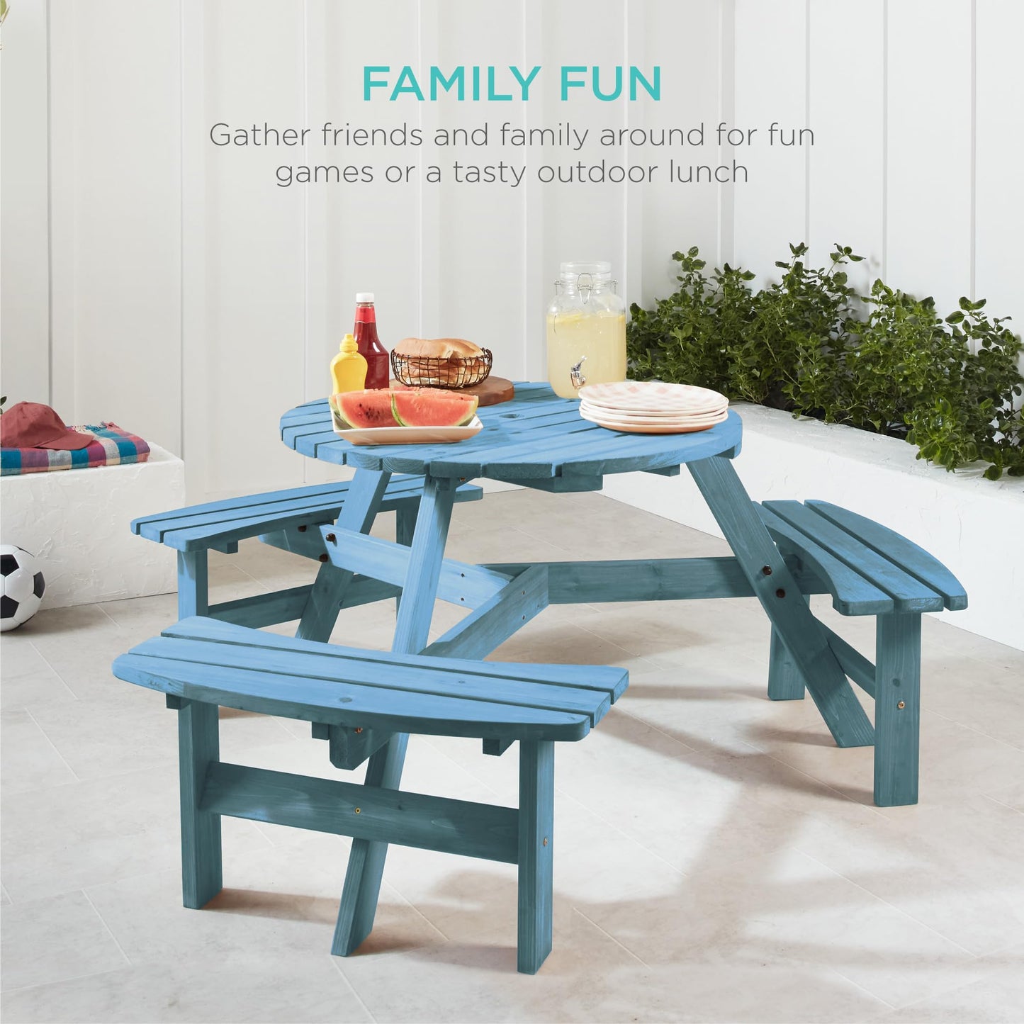 Best Choice Products 6-Person Circular Outdoor Wooden Picnic Table for Patio, Backyard, Garden, DIY w/ 3 Built-in Benches, 500lb Capacity - Seaside Breeze