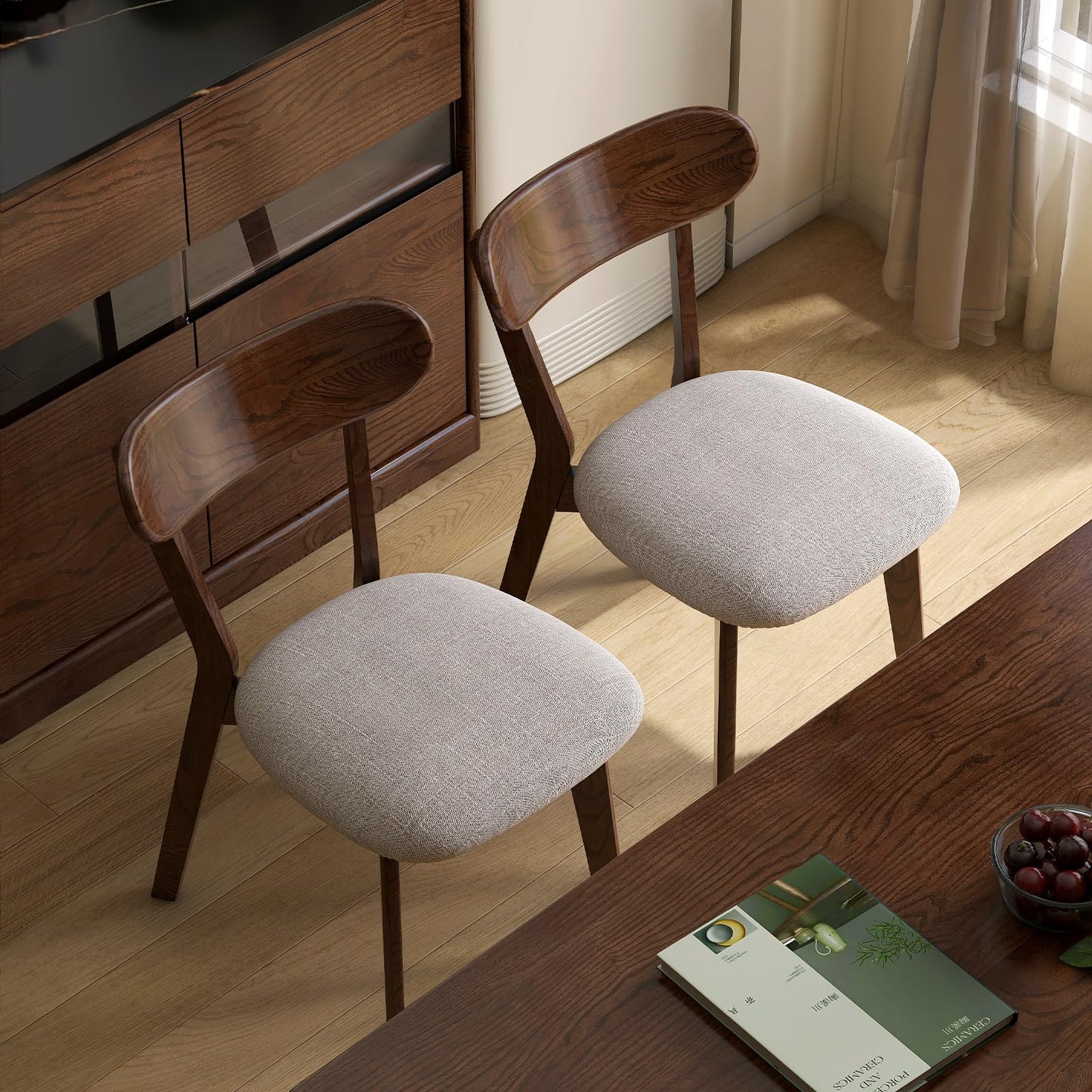Walnut Dining Chairs Set of 2 – 400 lb Capacity Heavy Duty, Mid Century Modern Wooden Curved Back & Upholstered Seat, Solid Oak Wood, Armless for Dining Room, Kitchen, Breakfast Nook, Small Space