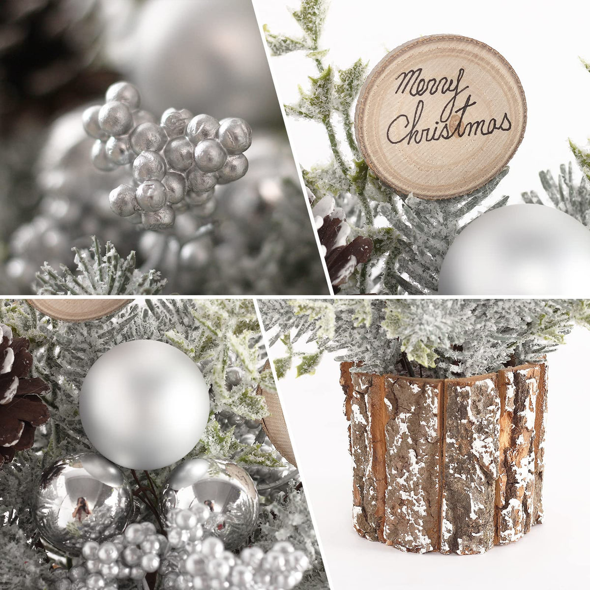 Super Holiday Small Winter Christmas Tree, Artificial Mini Tabletop Christmas Tree Decorations with Christmas Ornaments, for Home Party Thankgivings Christmas Decor, Silver/White-Indoor.