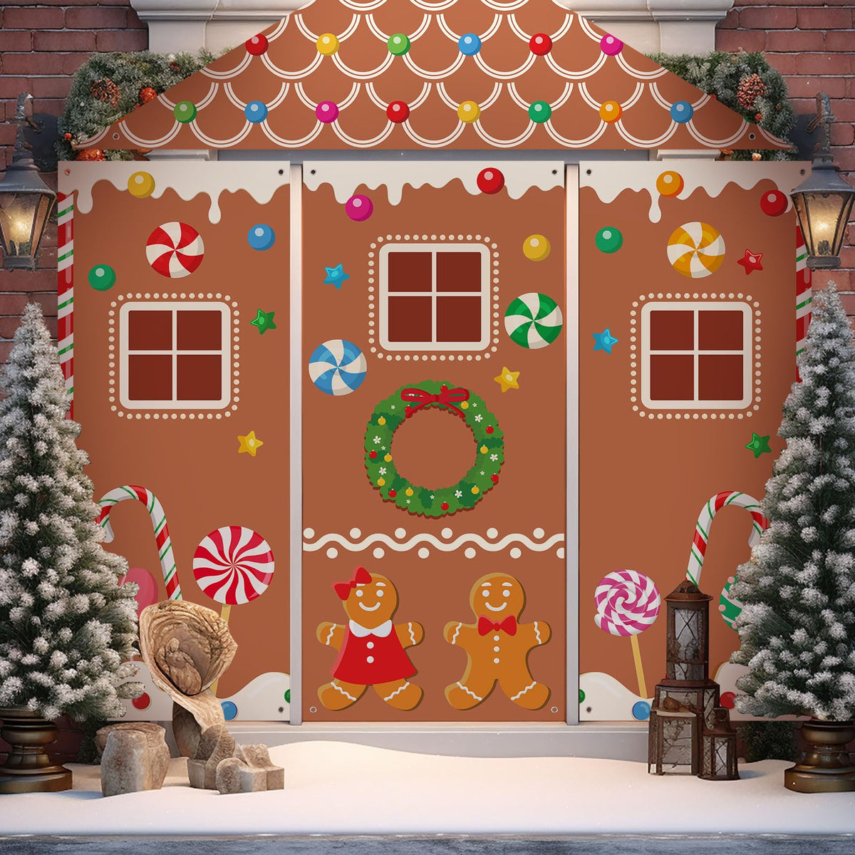 VitalCozy 4 Pcs Christmas Gingerbread Door Decoration Xmas Gingerbread House Candy Door Covers Backdrop Christmas Hanging Banner Porch Sign for Holiday Classroom Office Home Party Decor(Brown)