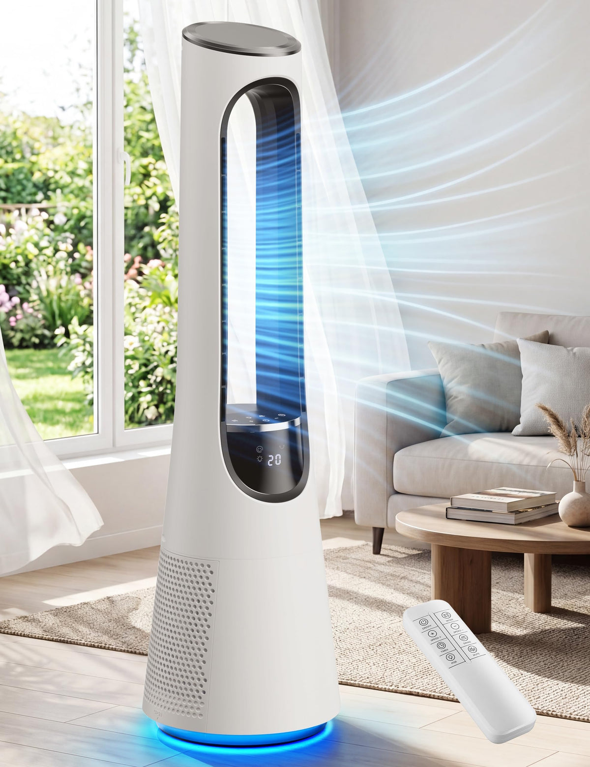 MEPTY 38" Bladeless Tower Fan for Bedroom,Standing Fan with 5-Color LED,120°Adjustable Oscillating,20 Speeds & 4 Modes,Quiet DC Motor,Cooling Fan for Home Office Use