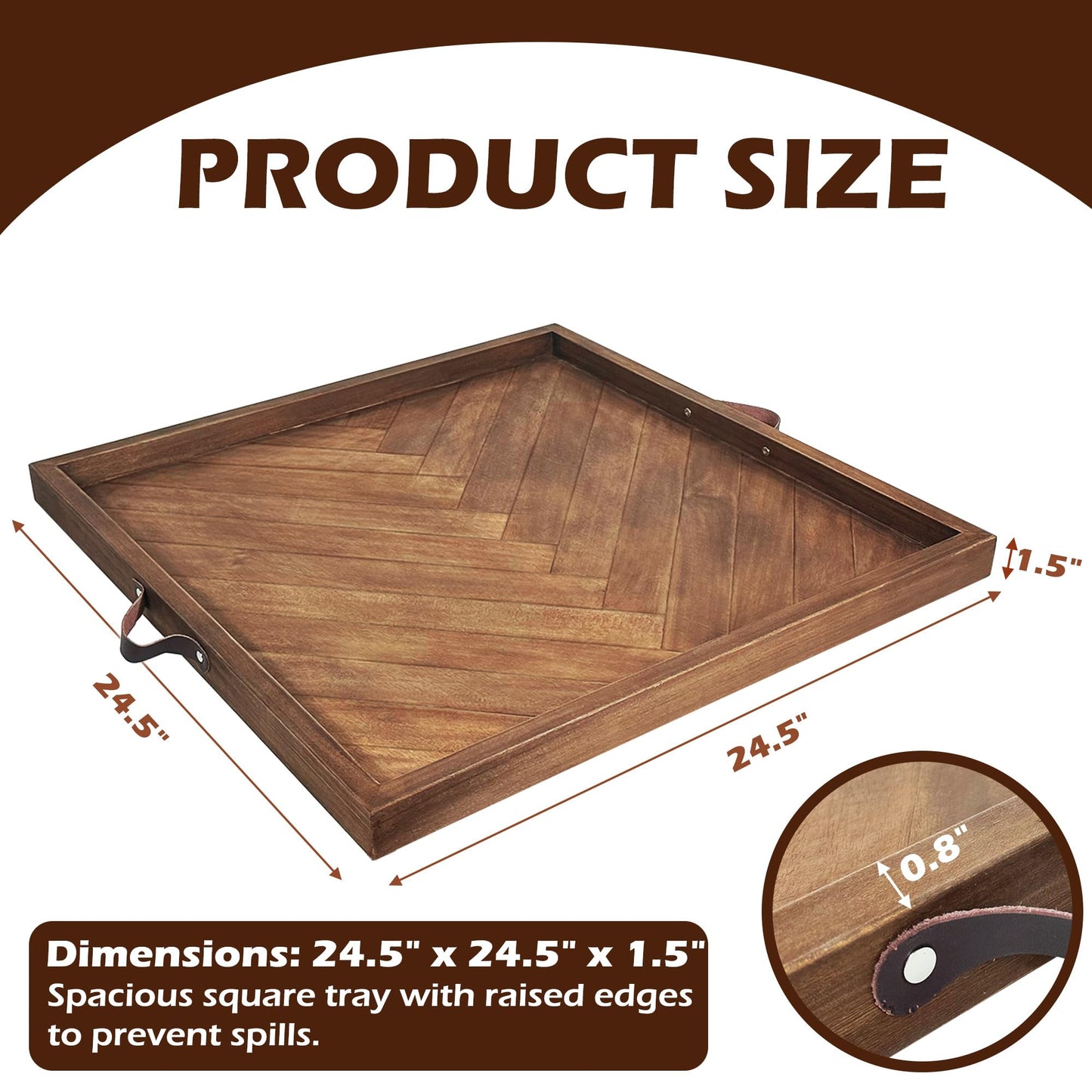 Large Square Ottoman Tray 24.5"x24.5", Wooden Ottoman Trays with Leather Handles, Rustic Decorative Storage Tray for Ottoman