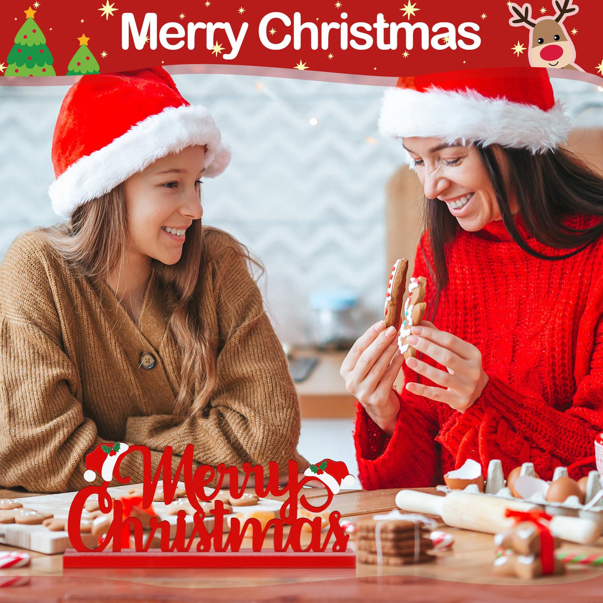 Realspring Merry Christmas Metal Sign Red Christmas Table Decoration Xmas Tiered Tray Decor Freestanding Metal Word Sign with Wooden Base for Xmas Home Tabletop Centerpiece Mantel Fireplace