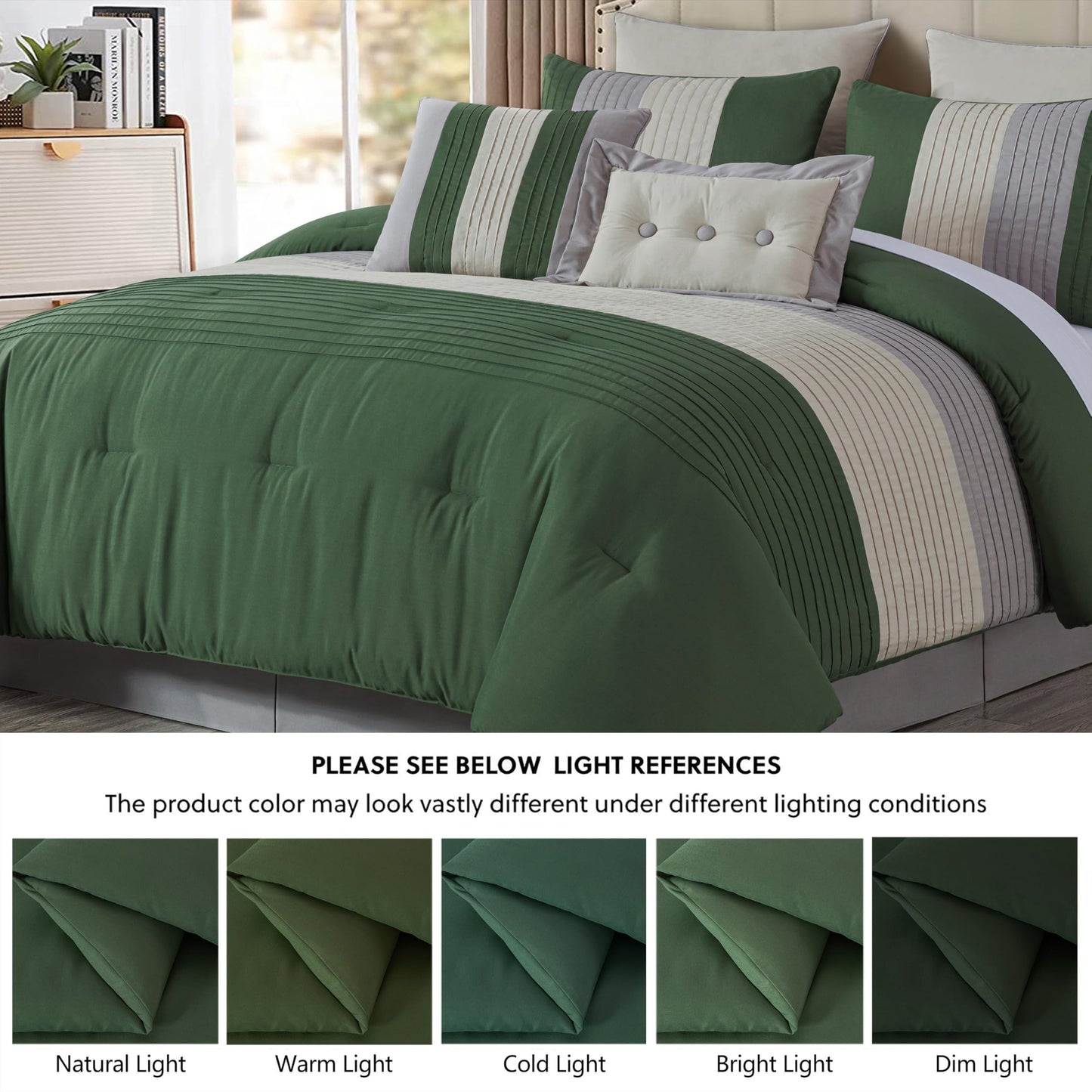 Chezmoi Collection Loft 8-Piece Oversized King Comforter Set, Forest Green/Gray/Cream Luxury Striped Bedding for All Season