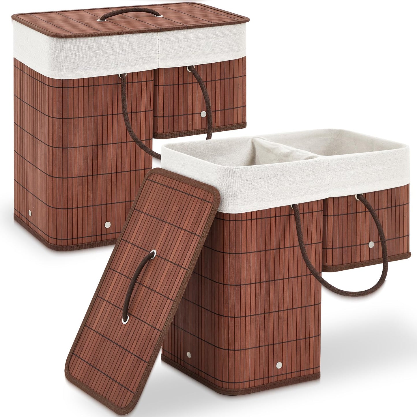 GlikCeil 2 Stair Basket with Lid and Handles, Foldable Staircase Baskets for Carpeted and Wooden Stairs, Bamboo Step Storage Organizer for Toys Clothes Books (Brown)
