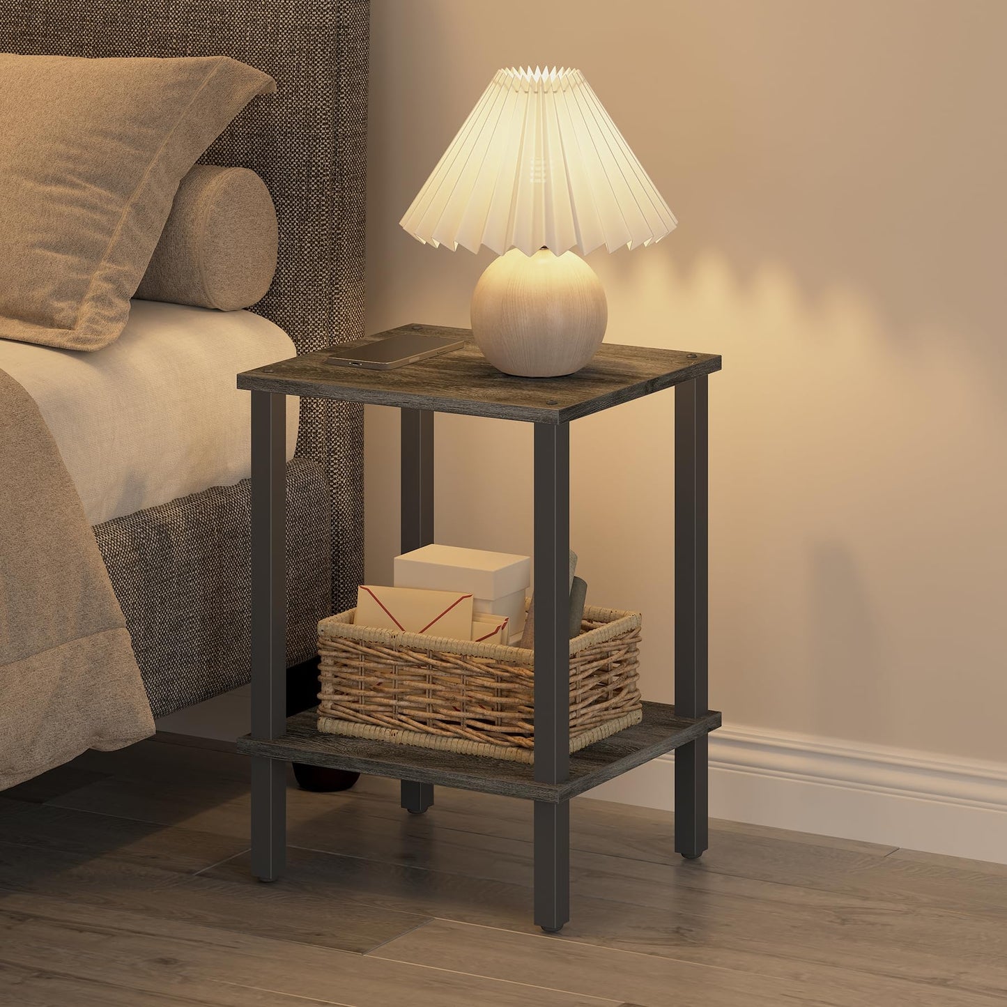 TUTOTAK End Table, Side Table, Nightstand, 2-Tier Storage Shelf, Sofa Table for Small Space, Living Room, Bed Room, Charcoal Grey TB01BY034