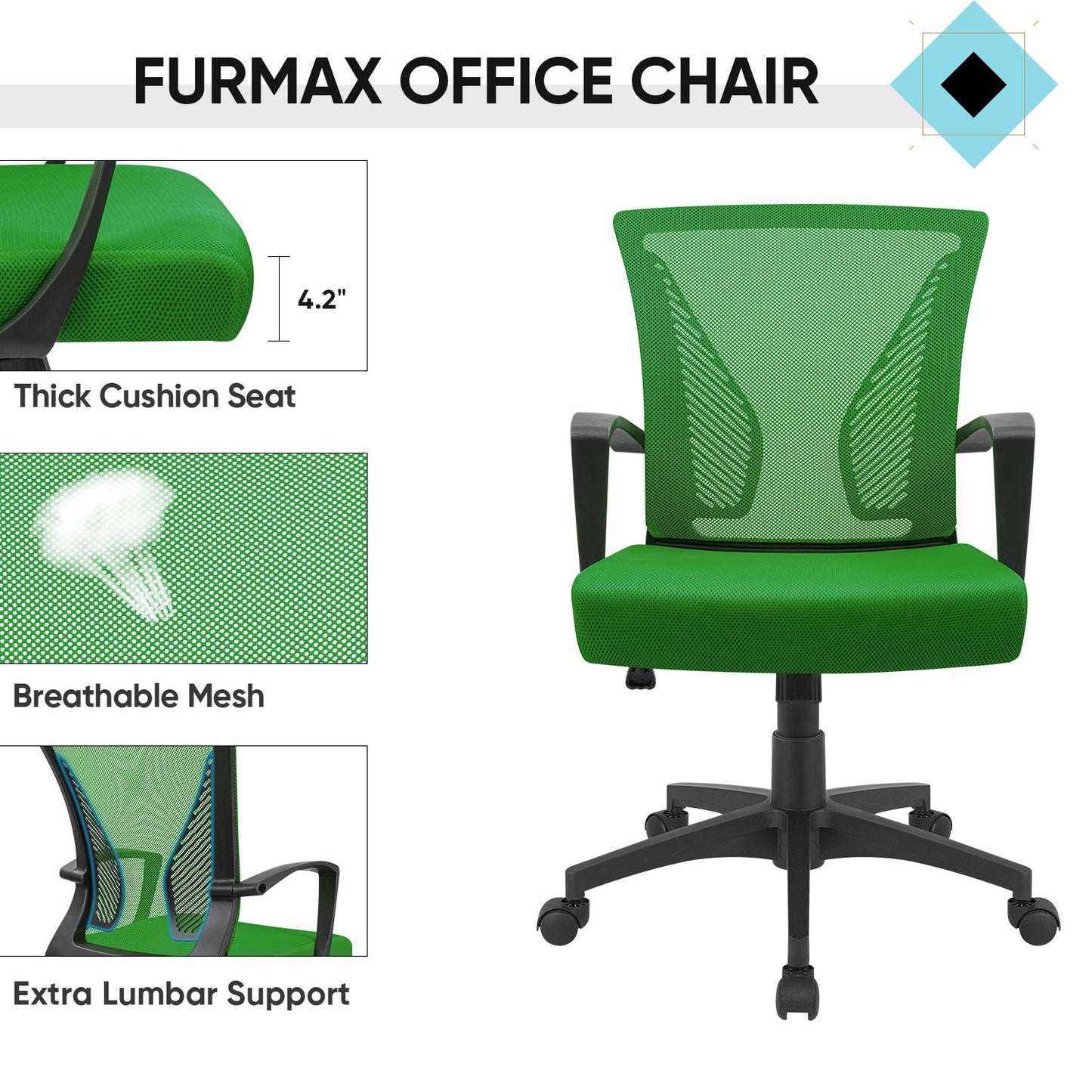 Furmax Office Chair Ergonomic Computer Desk Mesh Chair Mid Back Swivel Lumbar Support with Armrest (1, Green)