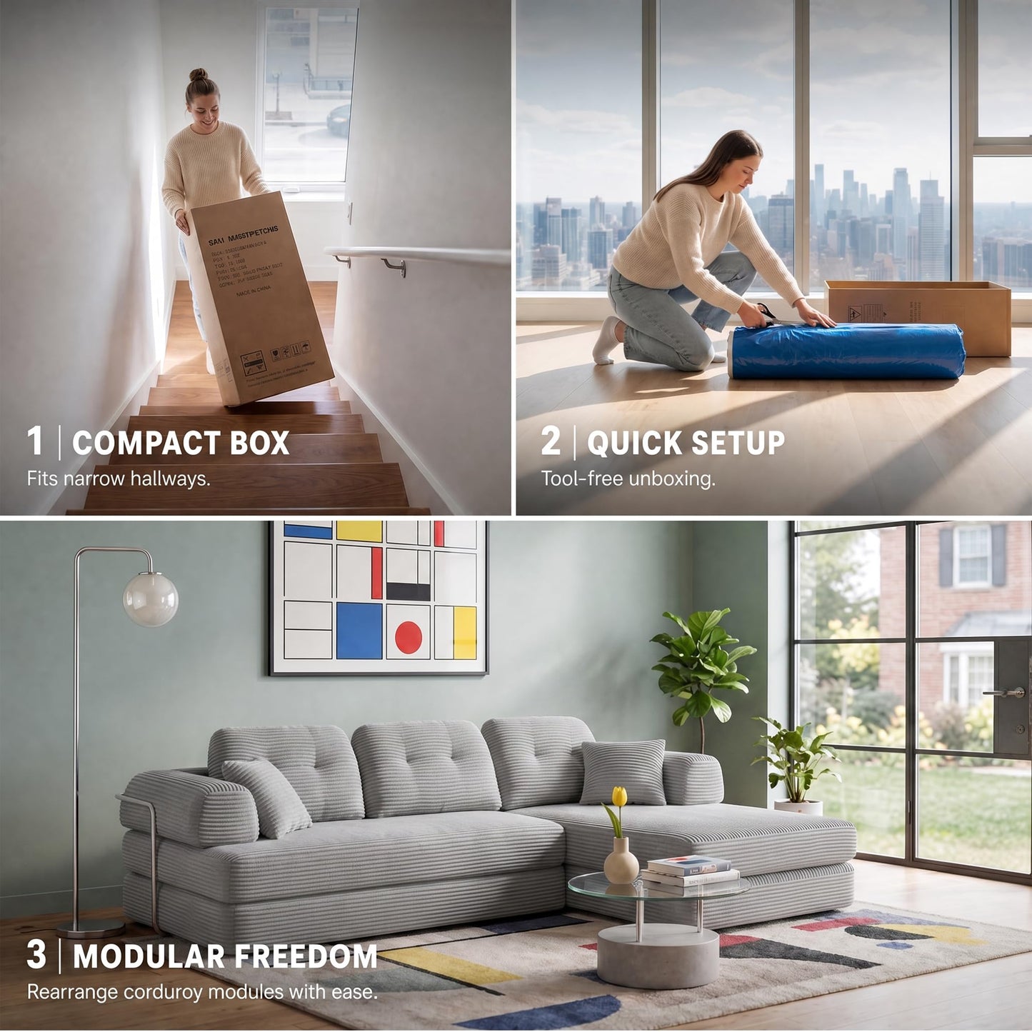 YasuSoofa Boneless Sectional Couch with Chaise, Convertible L-Shape Floor Sleeper with High Headrest, Modular Sofa Bed for Living Room Apartment, No Assembly, Beige