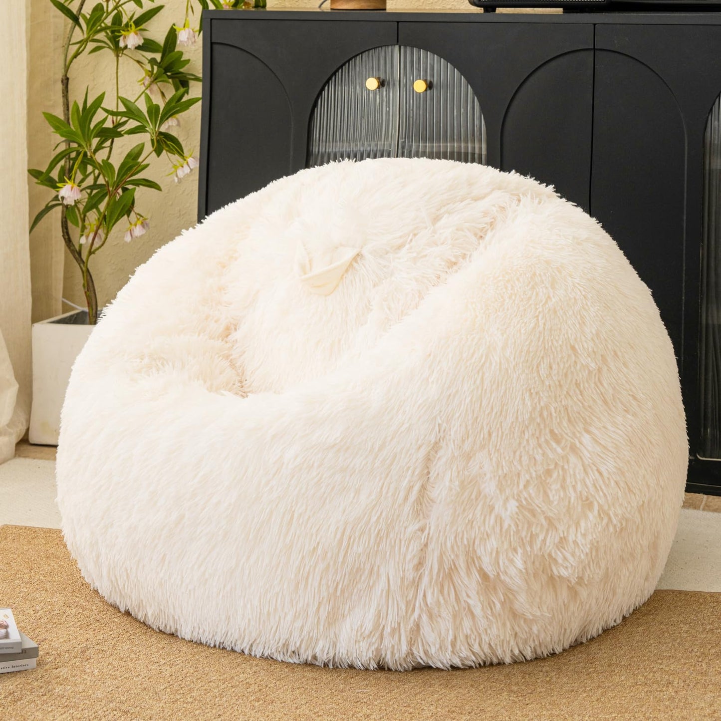 Beige faux fur bean bag chair covers (No Filler), comfy Fluffy Beige bean bag chair Cover for bedroom, stuffed animal Storage, kids adults teens girls bean bag chairs, Anti-Slip