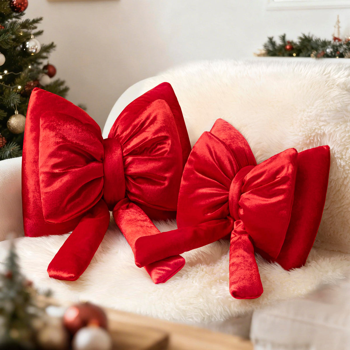 AELS Bow Pillow Decorative Throw Pillow Set of 2, Shining Velvet Cute Pillow Cute Pillow for Valentine's Day, Wedding, Christmas, Living Room, Bedroom, Nursery Decor, Red