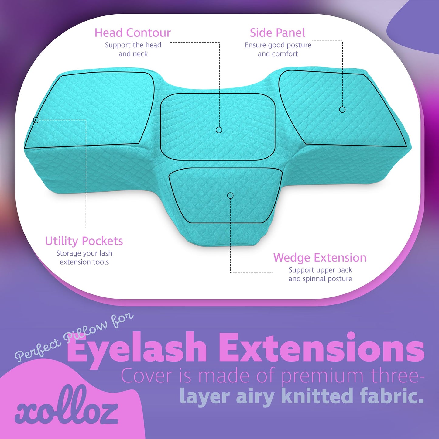 Lash Pillow for Eyelash Extensions - Curved Memory Foam Bed Pillow, Ergonomic Head Rest with Neck Support, Side Pockets for Tools, Fits Lash Beds for Tech – Blue