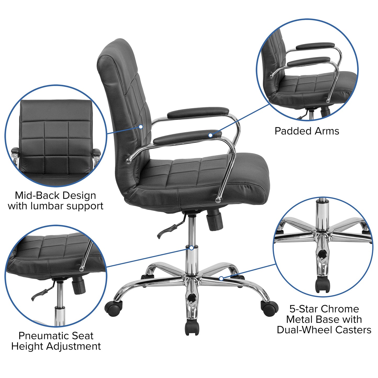 Flash Furniture Vivian Mid-Back Swivel Vinyl Upholstered Desk Chair with Padded Seat and Armrests, Adjustable Height Padded Office Chair, Black/Chrome