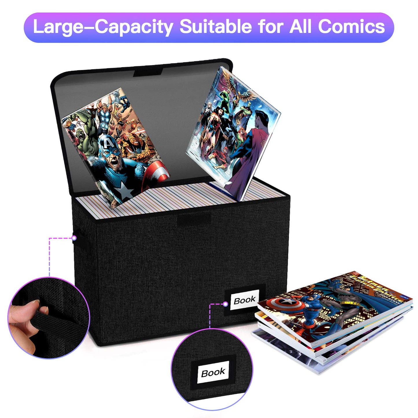 YNSZAS Comic Book Storage Box 15.8" X 7.8" X 11.8", Collapsible Holds 160-180 Comic Book Organizer Heavy Duty Bin Container Holder Shelf (Black)