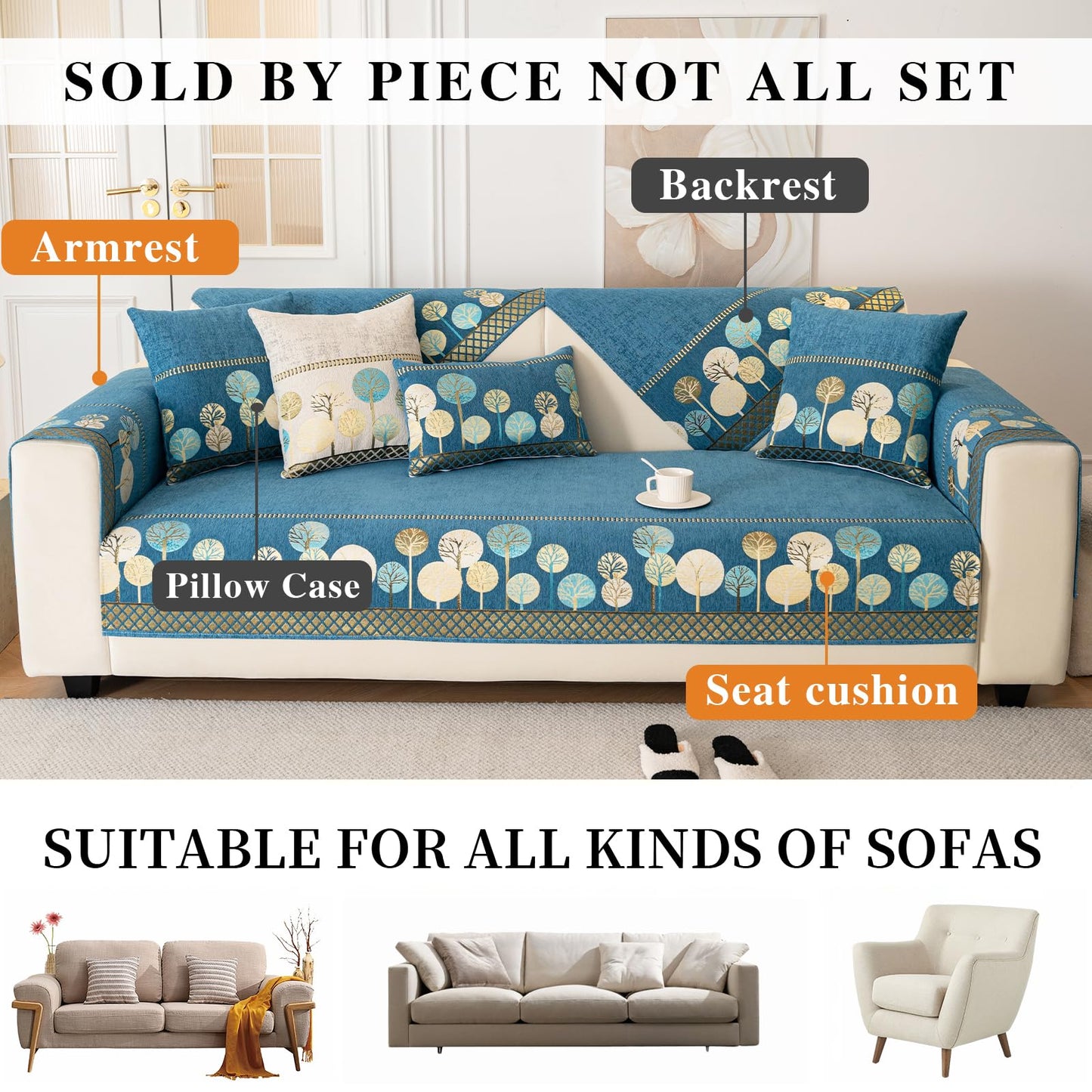 tianxinbaobei Boho Couch Cover, Non Slip Washable Sofa Covers, Chenille Couch Covers Quilted, Bohemian Sofa Slipcovers, Furniture Protector for Armrest and Backrest(Blue,28"x28",1pc)