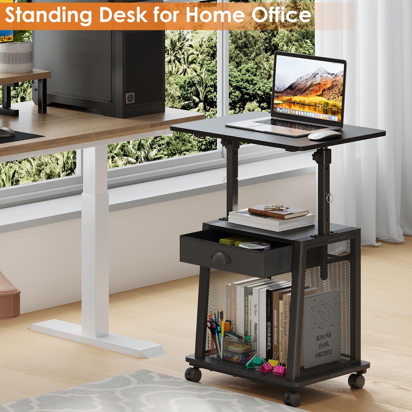 Height Adjustable Standing Desk with Wheels,Mobile Sit Stand Up Desk with Drawer,Rolling Laptop Computer Desk with storage,Portable Podium Teacher Stand Desk,Narrow Walking Pad Desk for Home Office