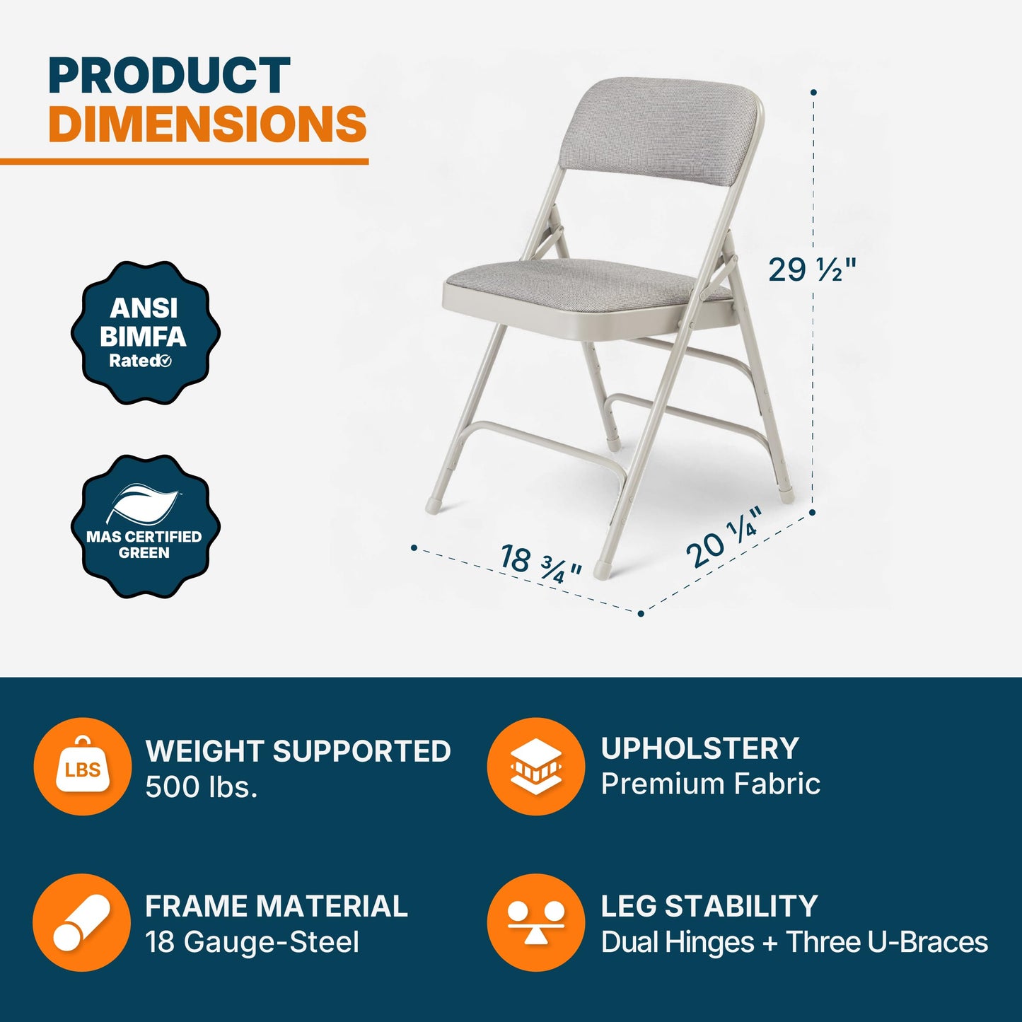 OEF Furnishings OEF2300 Series Heavy-Duty Premium Fabric Padded Upholstery Double-Hinged Triple-Braced Folding Chairs (4-Pack, Slate Gray)