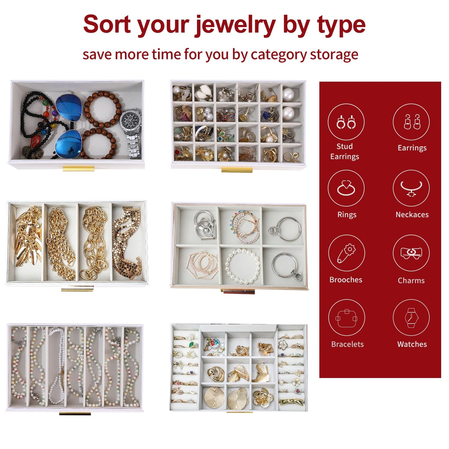 BOOVO Jewelry Boxes for Women, White and Black 6 Layer Large Jewelry Box for Necklace, Bracelet, Earrings, Rings Storage, Jewelry holder Organizer for Girls Gift (Gold, 6 layer)