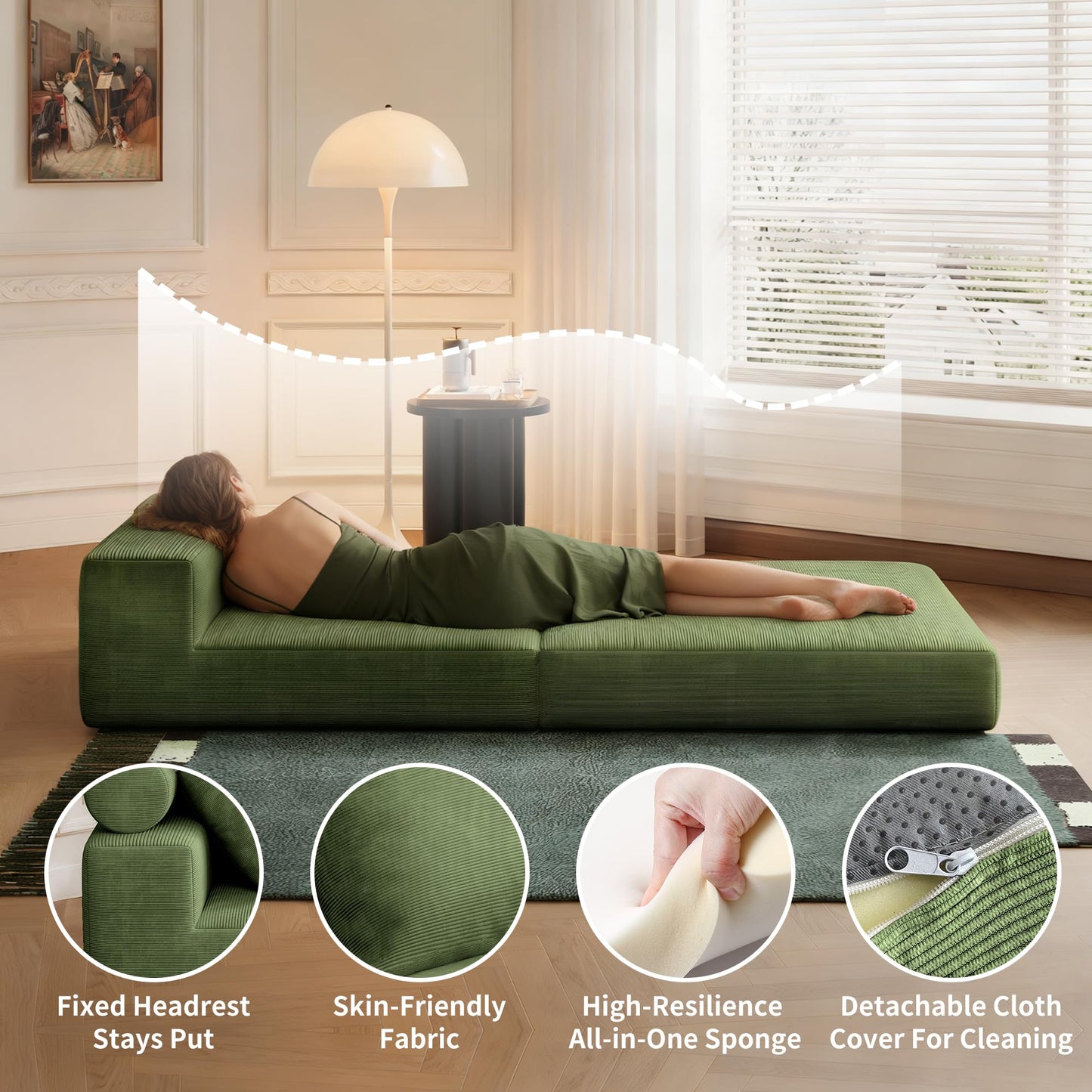 Lumbershed Folding Sofa Bed, 3-in-1 Convertible Sleeper Chair Bed with Pillows, Foldable Floor Couch with High-Density Foam, Futon Small Boneless Couch for Living Room Bedroom Lounge, Single, Green