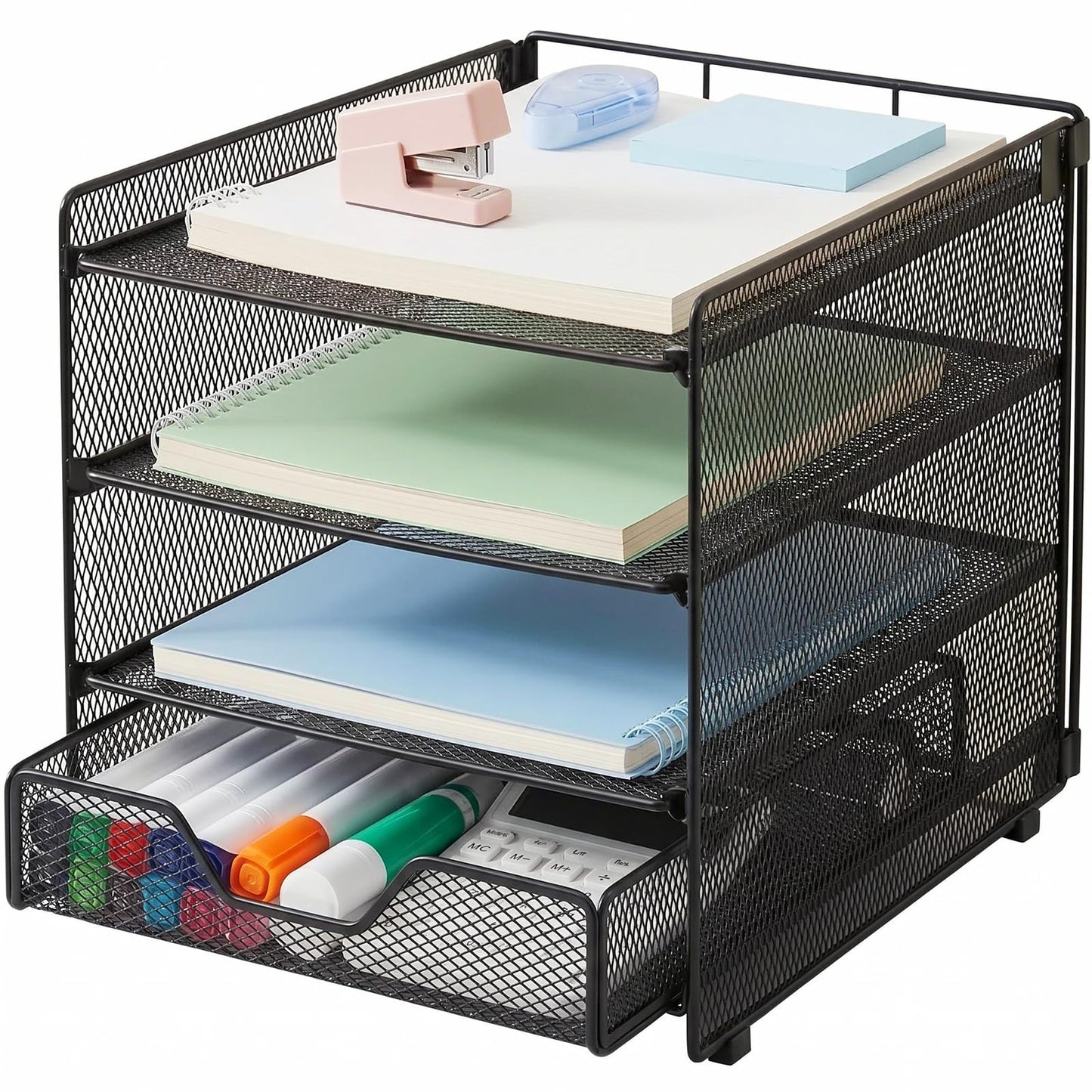 OPNICE Desk Organizers and Accessories, 4-Tier Desktop File Organizer with Drawer, Office Desk Accessories & Workspace Organizers for Office, Home Supplies(Black)