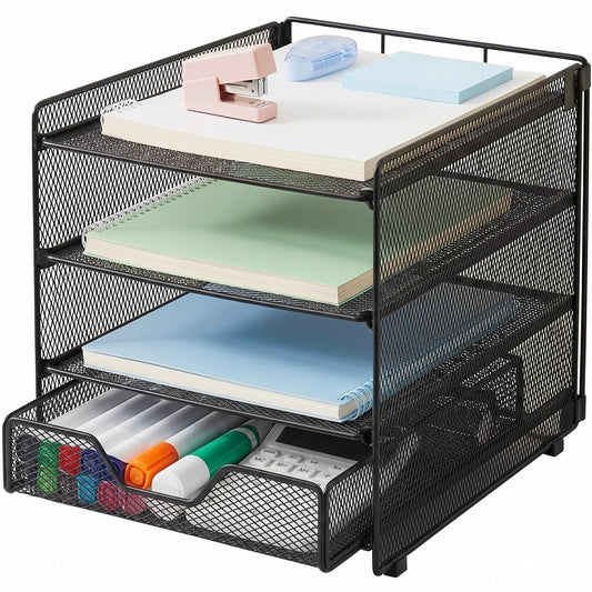 OPNICE Desk Organizers and Accessories, 4-Tier Desktop File Organizer with Drawer, Office Desk Accessories & Workspace Organizers for Office, Home Supplies(Black)