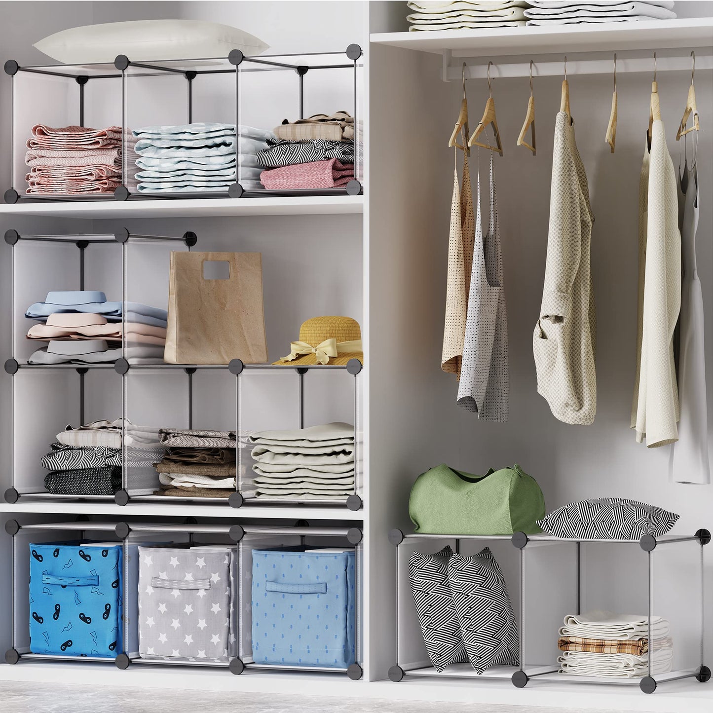 HOMIDEC Closet Organizers and Storage, 9 Cube Storage Organizer, Portable Closet Organizer Storage Cubes Shelves for Clothes, Bedroom, Wardrobe, Kids Room, Bathroom, Transparent