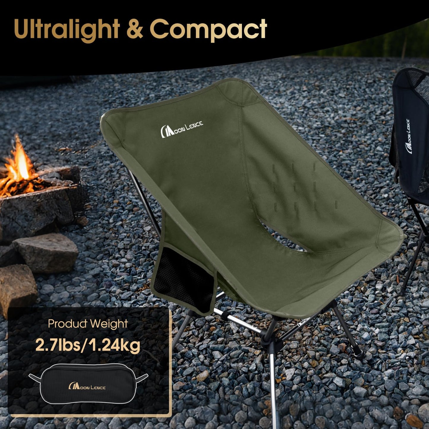 MOON LENCE Portable Camping Chair Plus, Larger & Roomier, Compact and Lightweight Still, Folding Chair for Backpacking & Hiking, 330Lbs Capacity (Moss Green)