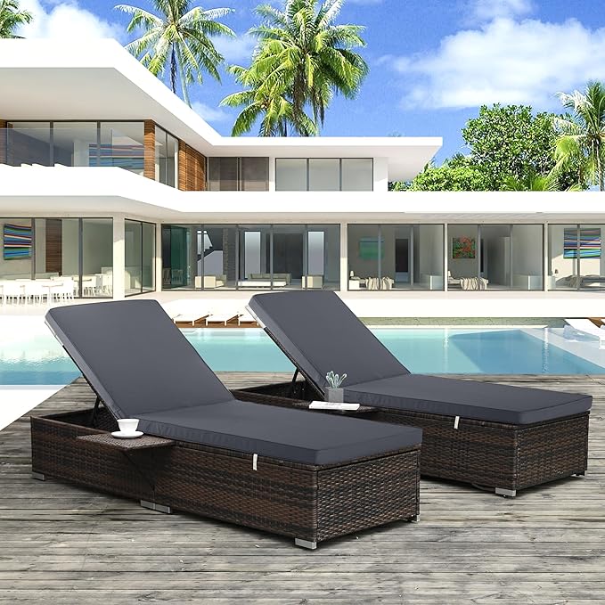 Outdoor Chaise Lounge Cushion Set of 2, Fadesafe Water-Repellent Lounge Deck