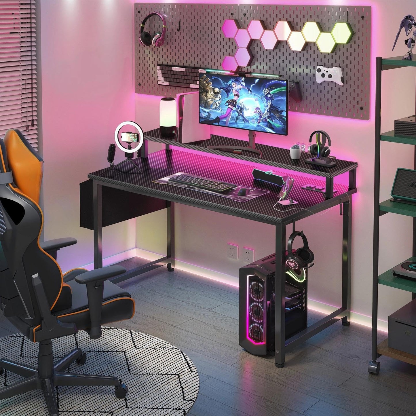 Lufeiya Gaming Desk with Power Outlets and LED Lights, 40 Inch Gamer Desk Table with Charging Station, Home Office Computer Desks with Monitor, Black