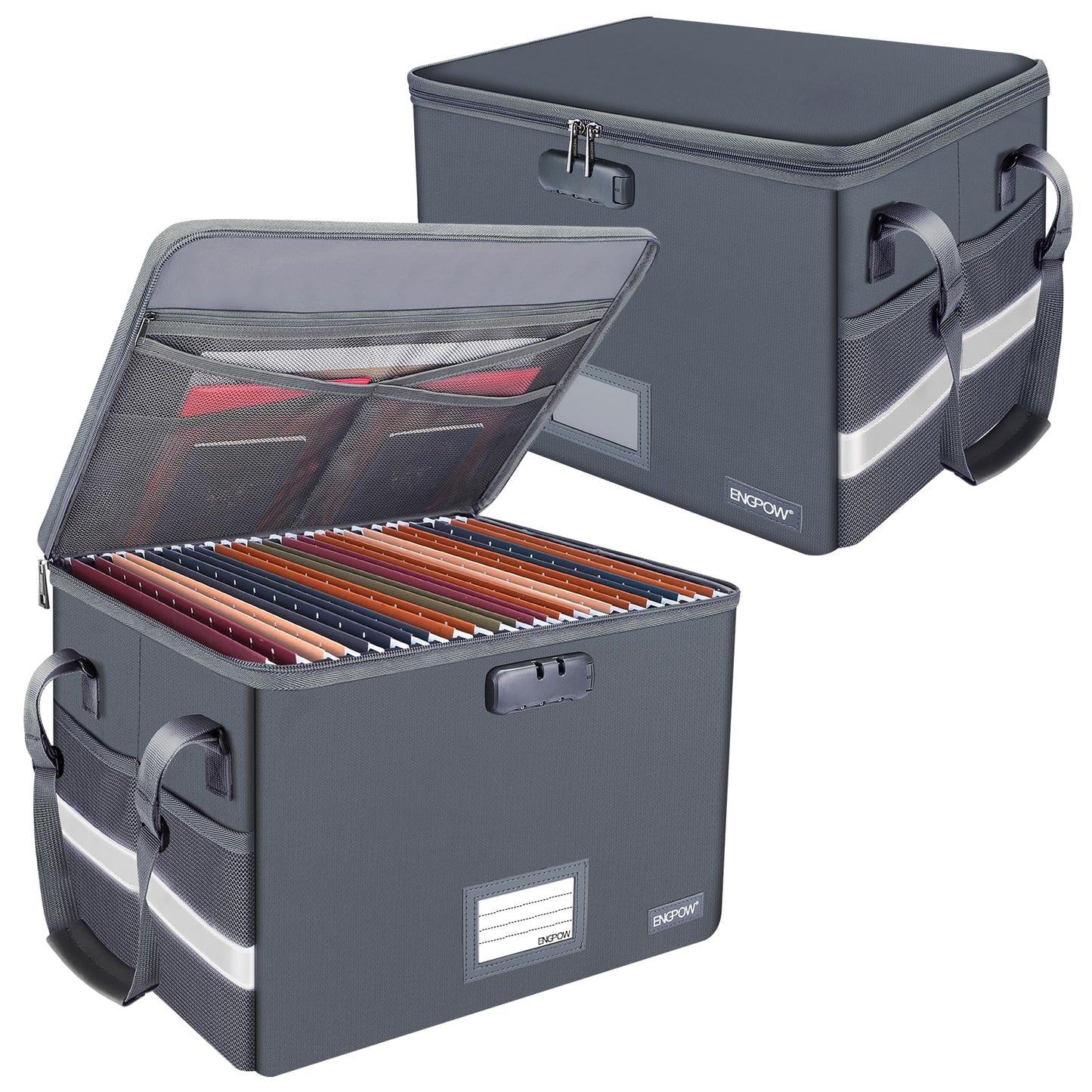ENGPOW File Box with Lock, Fireproof Document Box with Pockets, Collapsible File Organizer Filing Storage Cabinet with Handle, Portable Home Office Safe for Hanging Letter/Legal Folders,Gray,2 Pack