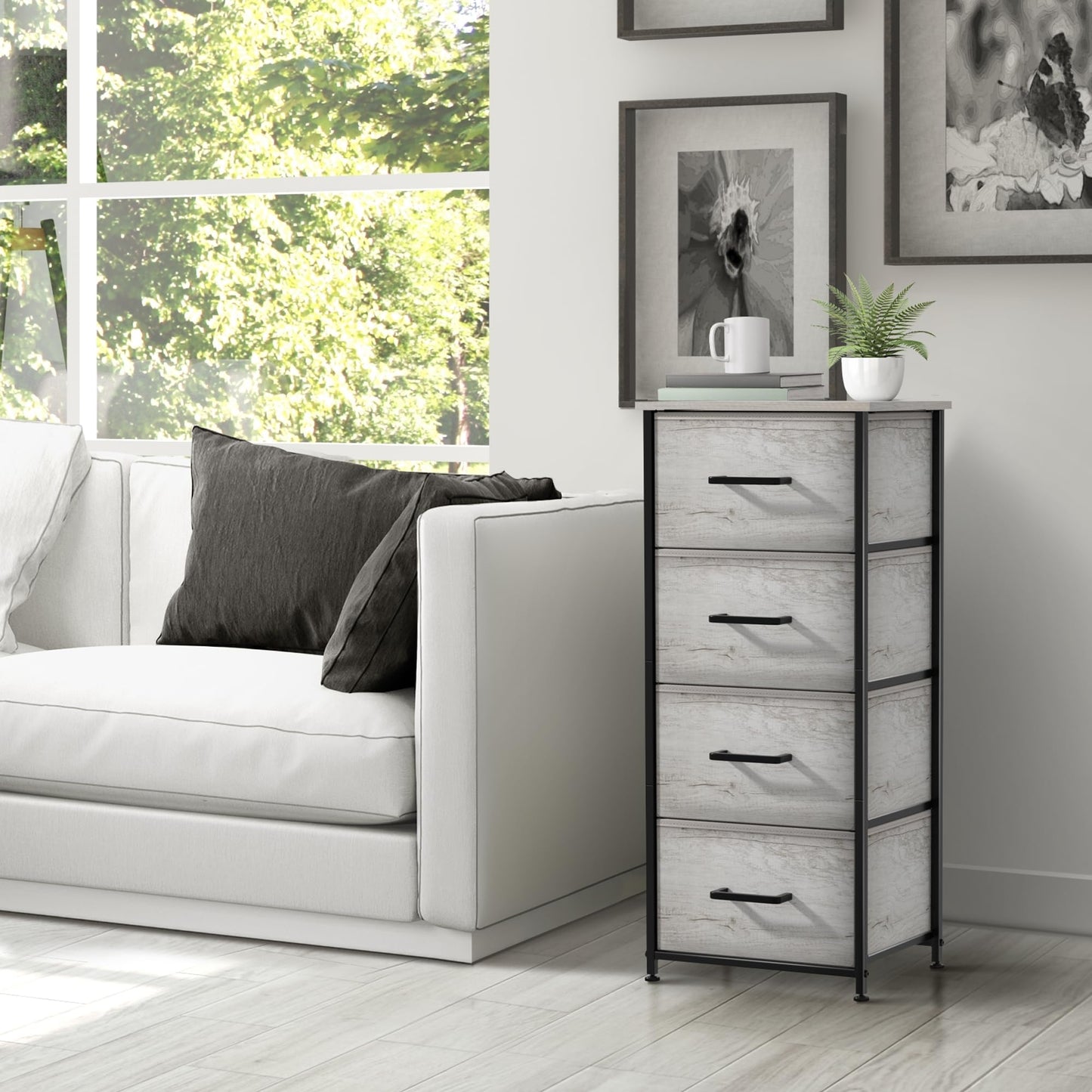 Sorbus Nightstand Dresser with 4 Faux Wood Drawers – Tall Bedside Table Chest with Storage, Steel Frame, Wood Top, Easy Pull Fabric Bins for Bedroom, Living Room, Closet & Dorm Furniture Lamp Stand